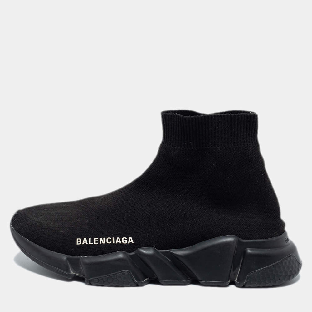 Pre Owned Balenciaga Black Knit Fabric Speed Trainer Sneakers Size 38
