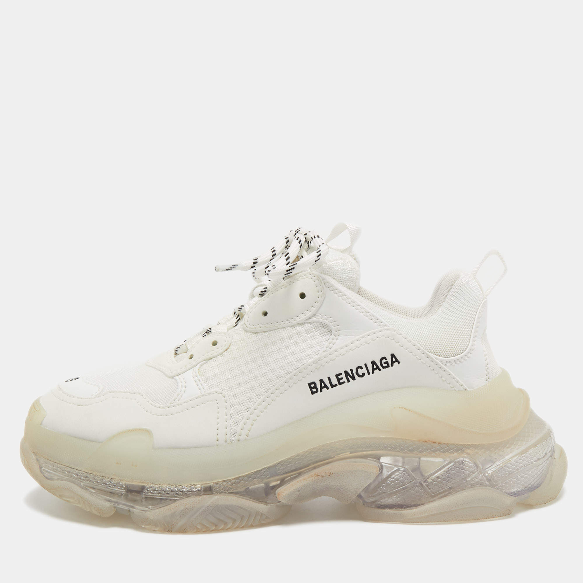 Balenciaga White Faux Leather and Mesh Triple S Sneakers Size 39