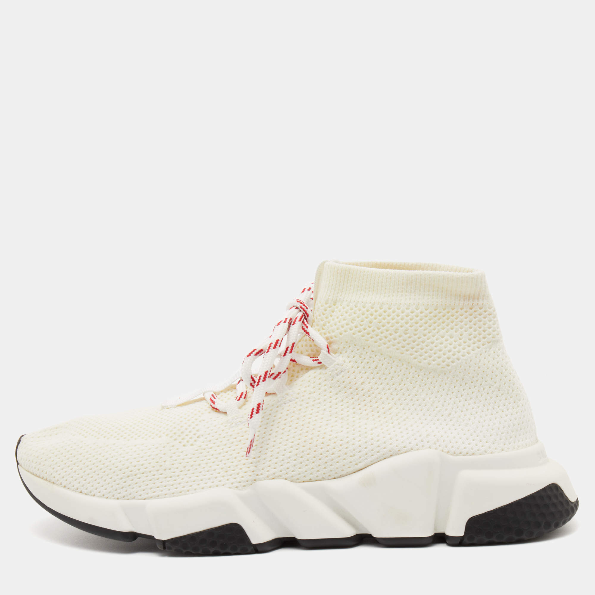 Pre Owned Balenciaga Off White Knit Fabric Speed Lace Up High Top Sneakers Size 40