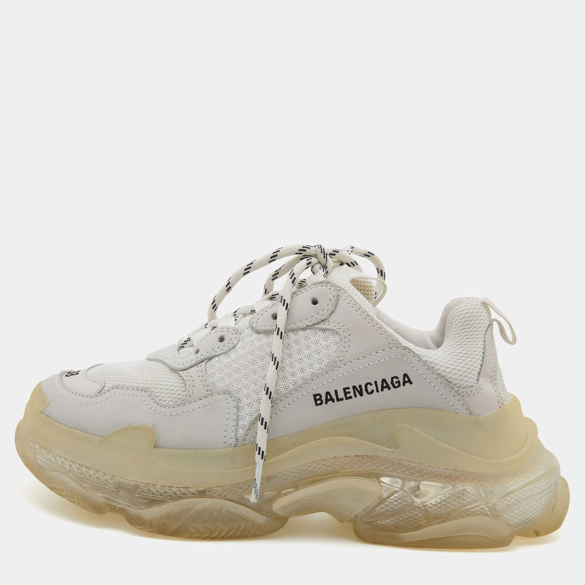 Balenciaga White Leather and Mesh Triple S Clear Sneakers Size 38