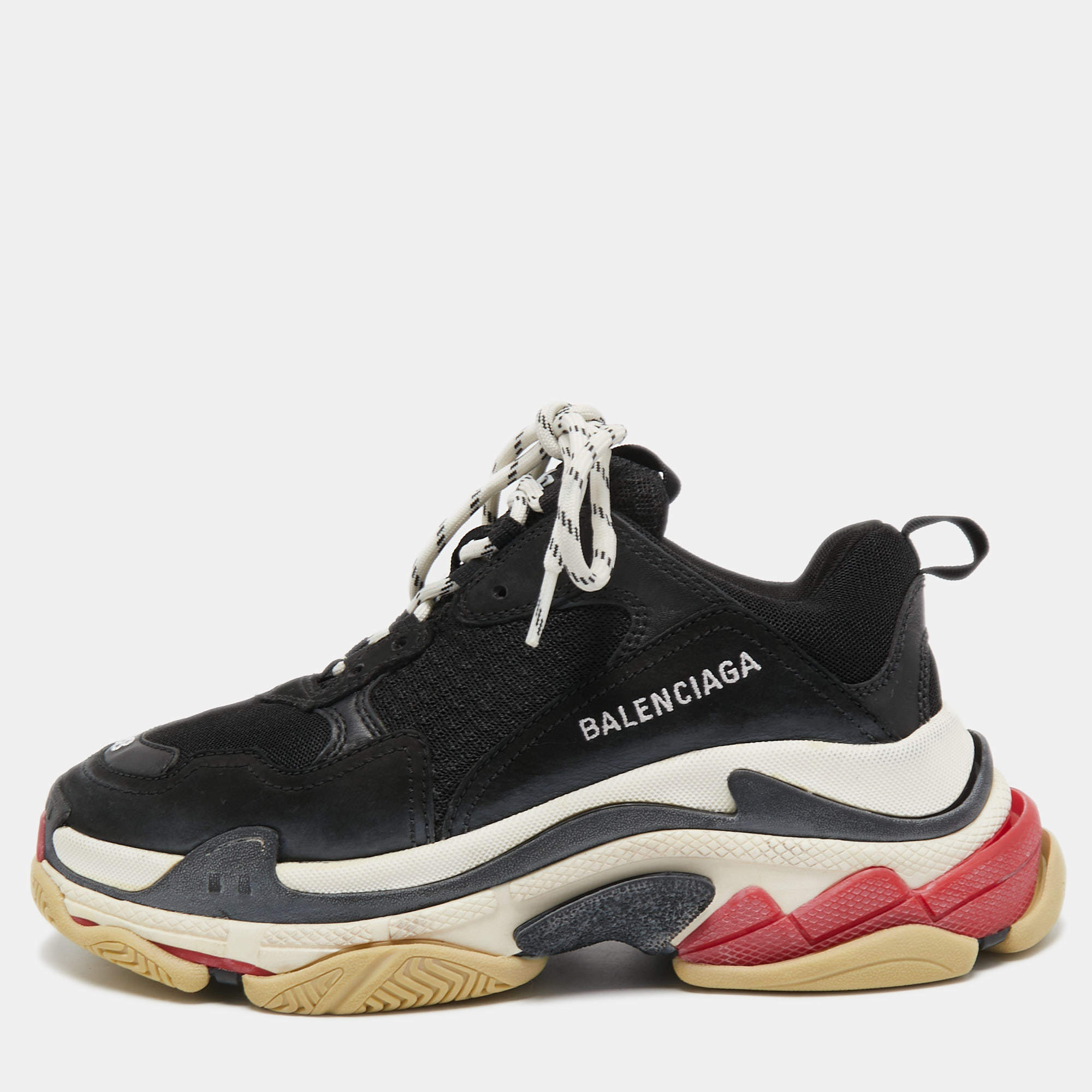 Pre Owned Balenciaga Black Mesh and Leather Triple S Sneakers Size 38