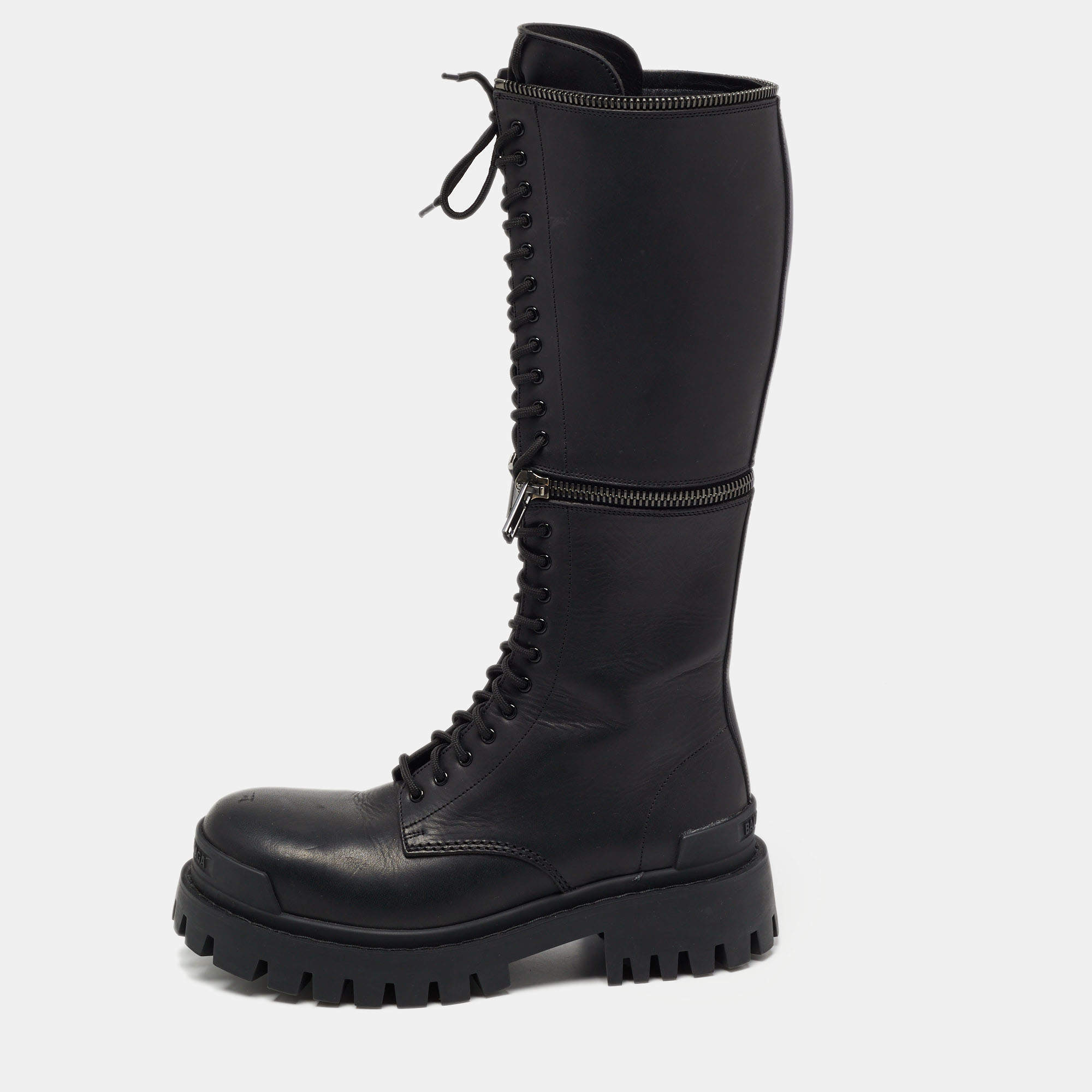 Pre Owned Balenciaga Black Leather Combat Calf Boots Size 38