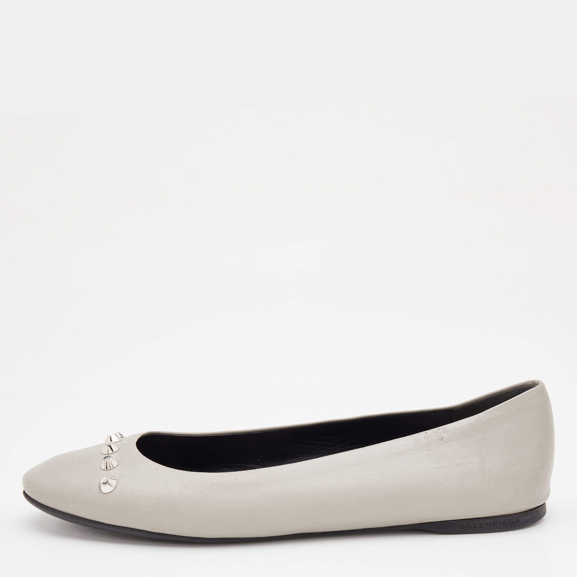 Pre Owned Balenciaga Grey Leather Arena Studded Ballet Flats Size 39.5