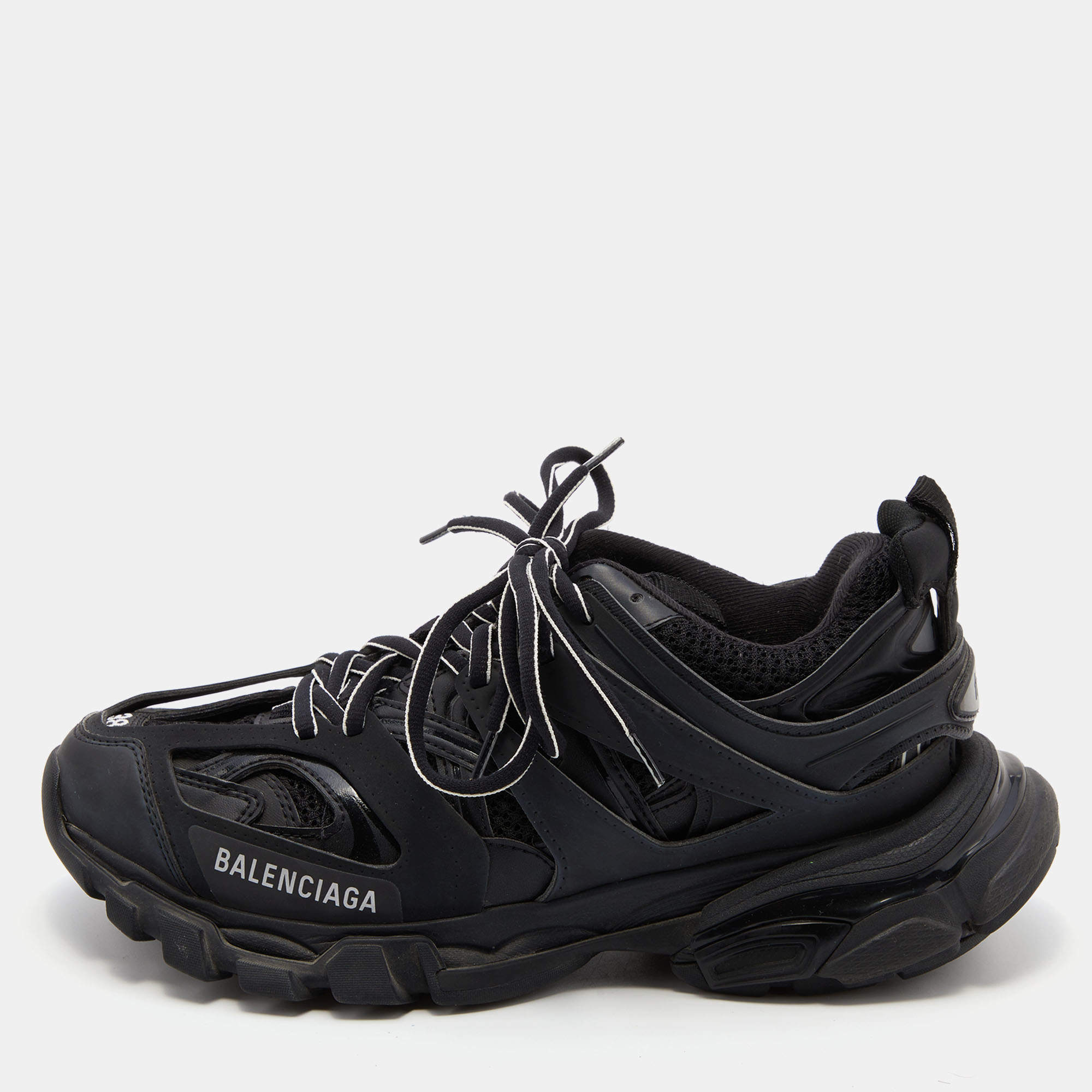 Pre Owned Balenciaga Black Leather, Neoprene and Mesh Track Sneakers Size 38