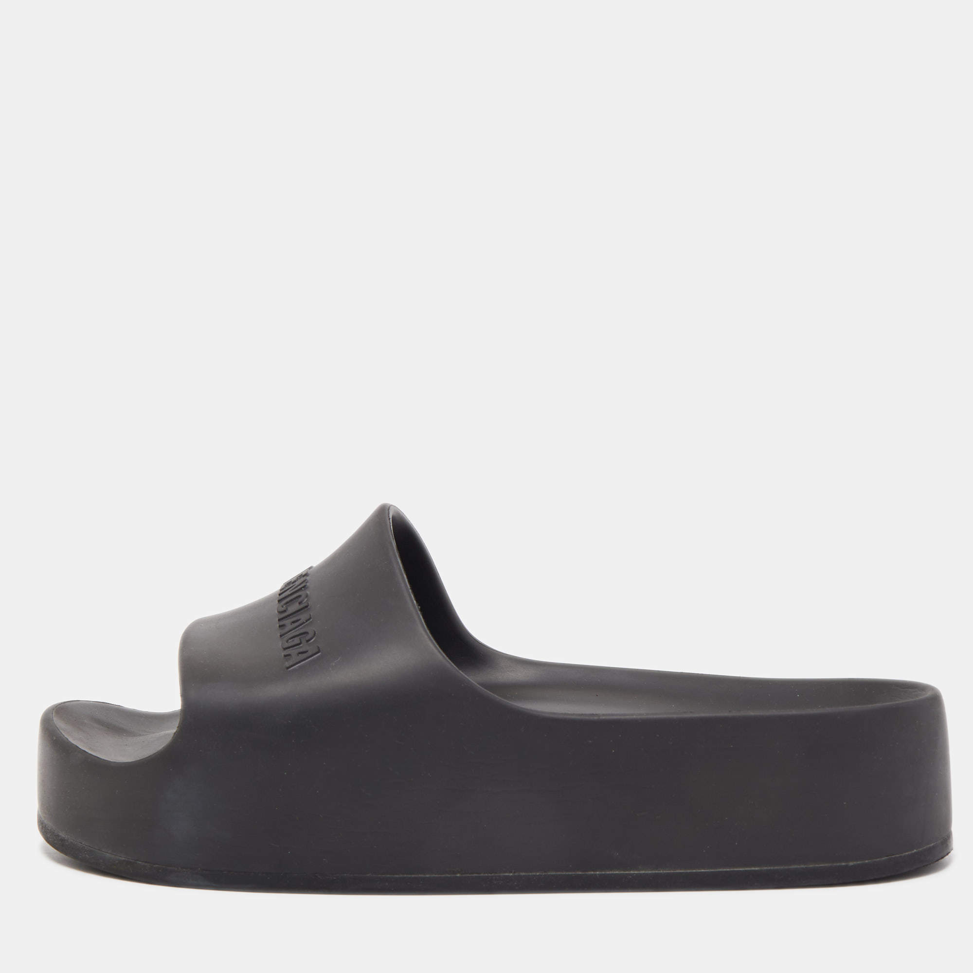 Pre Owned Balenciaga Black Rubber Slide Flats Size 40