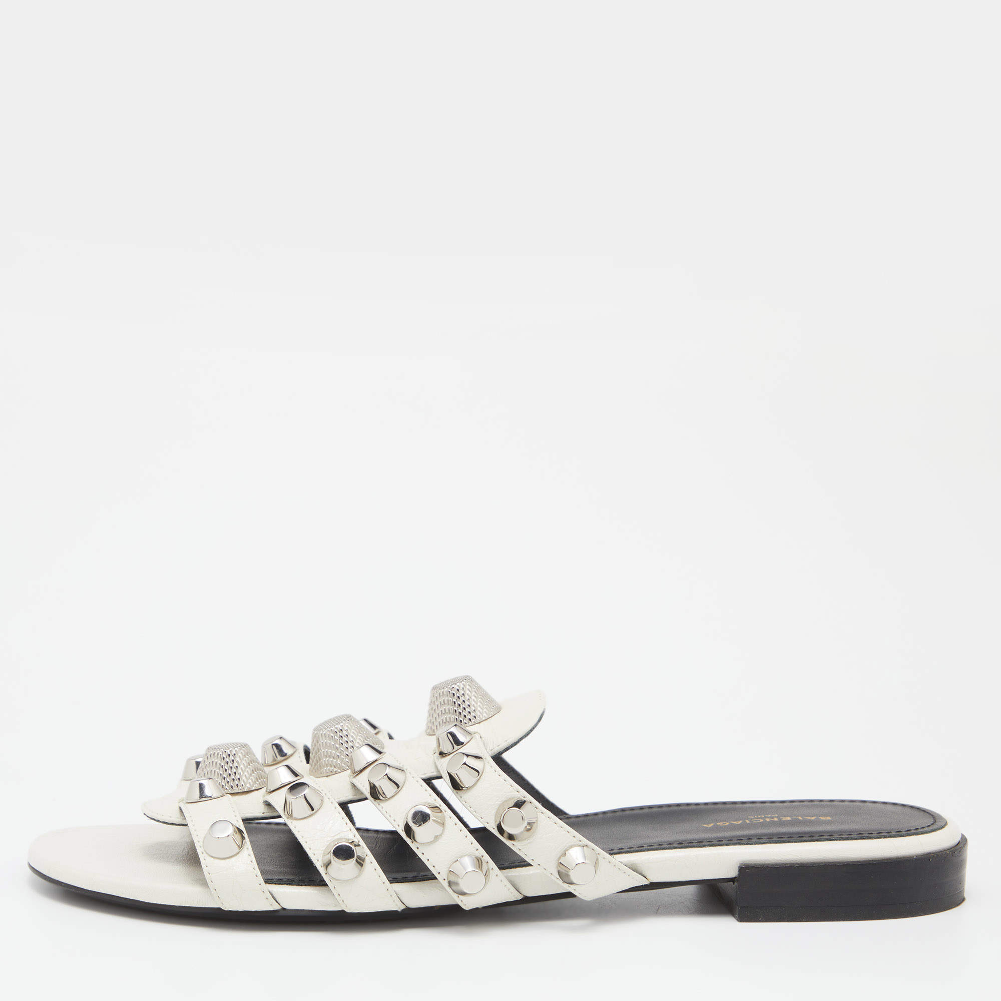 Balenciaga White Leather Arena Studded Strappy Flat Sandals Size 37