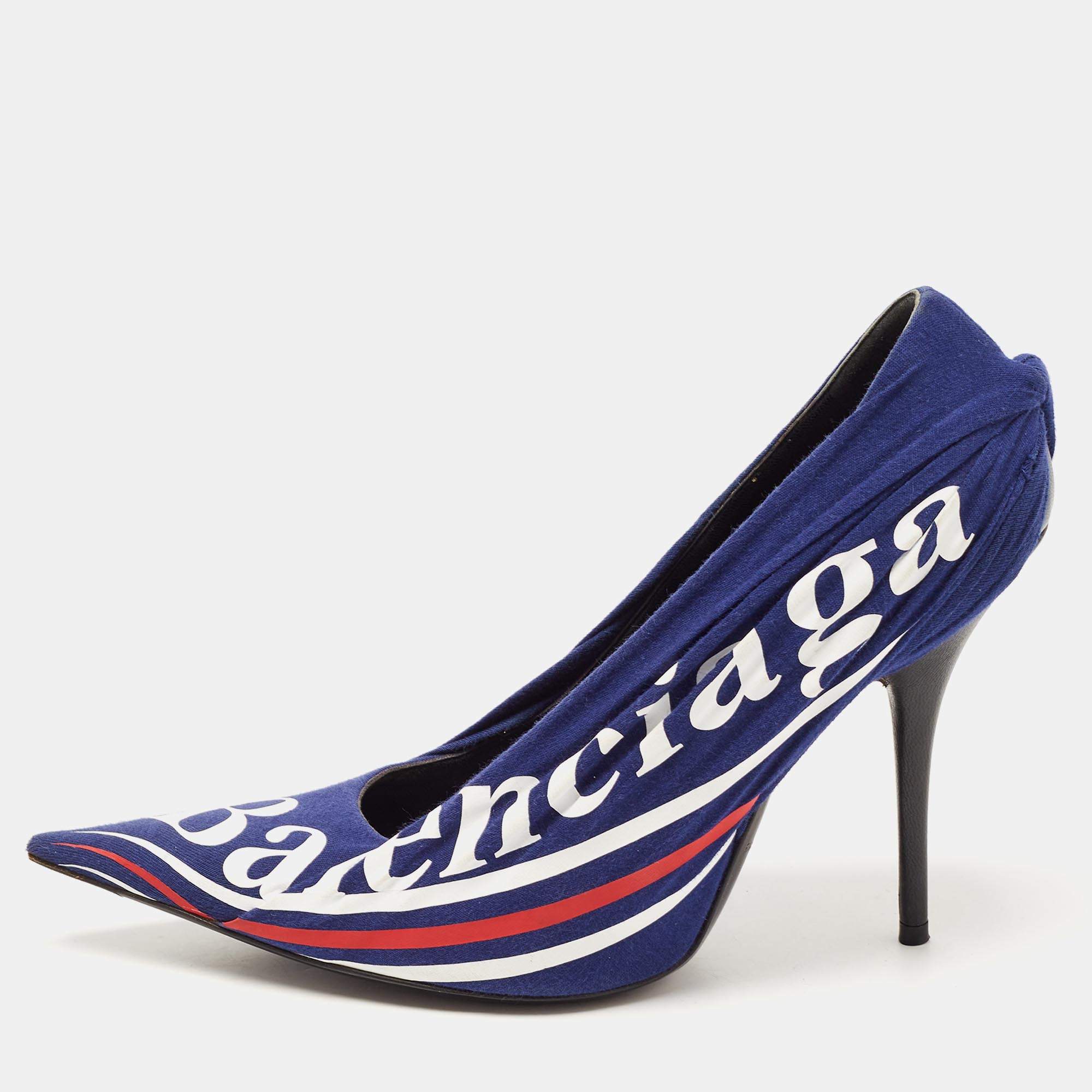 Pre Owned Balenciaga Blue Fabric and Leather Knife Pumps Size 39