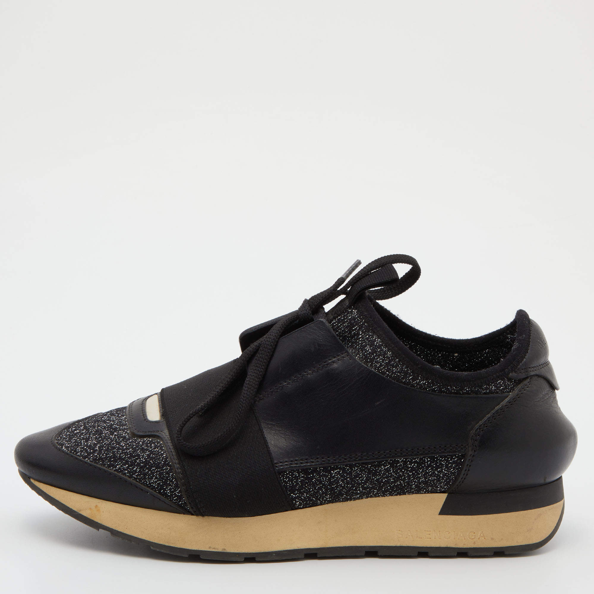 Pre Owned Balenciaga Black Leather and Glitter Fabric Race Runner Sneakers Size 38