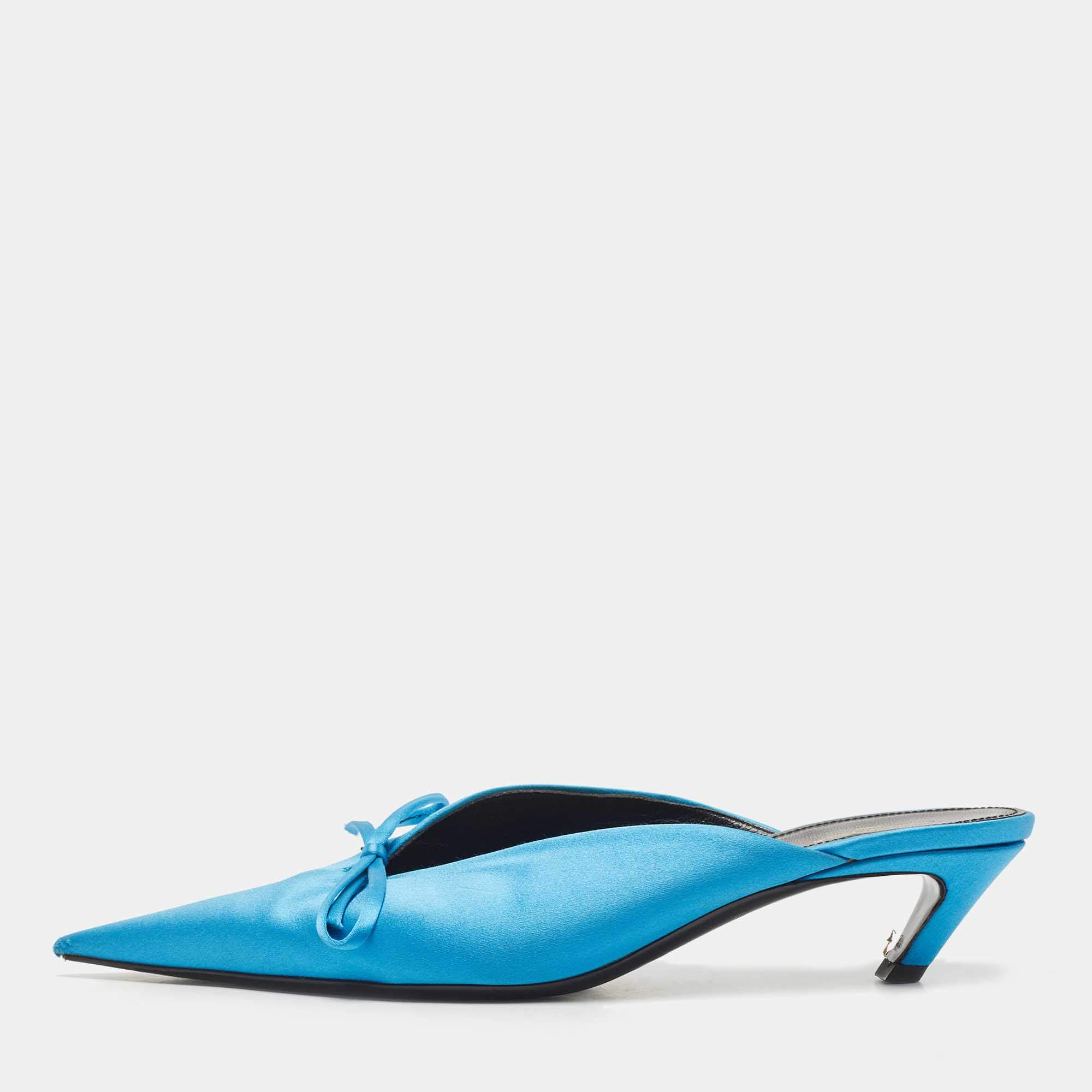 مملوكة مسبقًا Balenciaga Navy Blue Satin Knife Bow Pointed Toe Mule Sandals Size 39