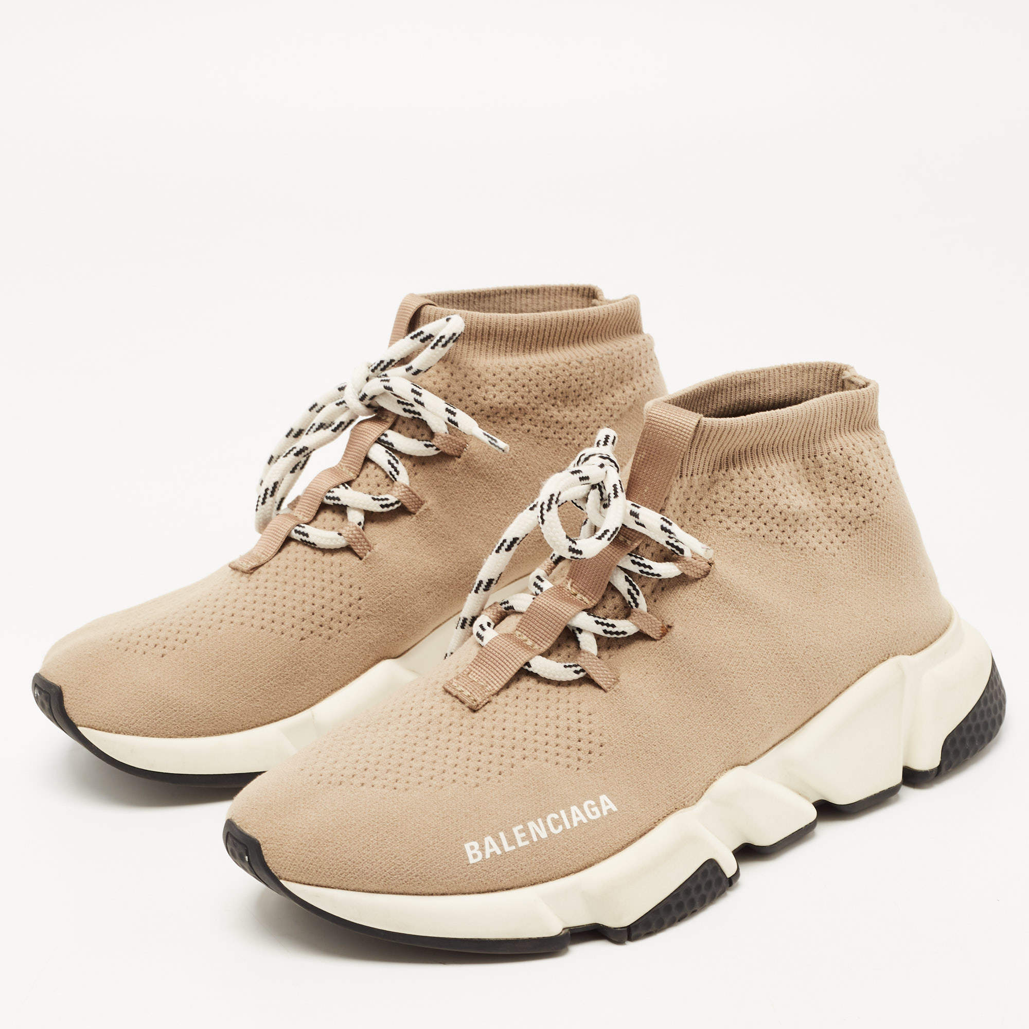 Balenciaga Beige Knit Fabric Speed Trainer Lace Up Sneakers Size