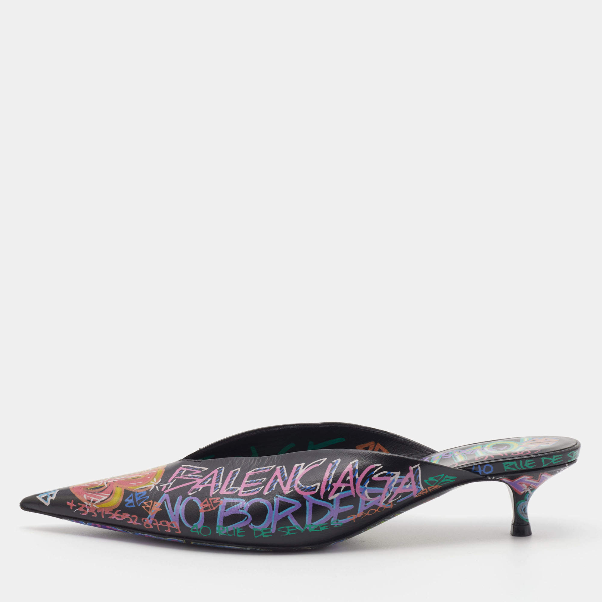 Pre Owned Balenciaga Multicolor Graffiti Leather Knife Mules Size 37