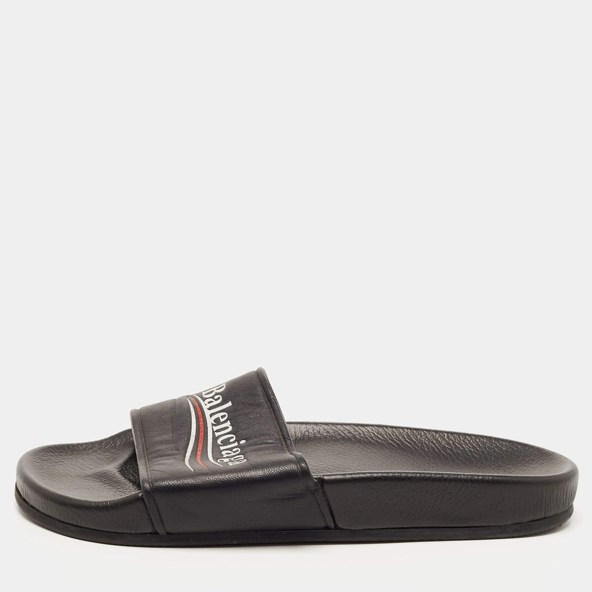 Balenciaga Black Leather Logo Slides Size 39