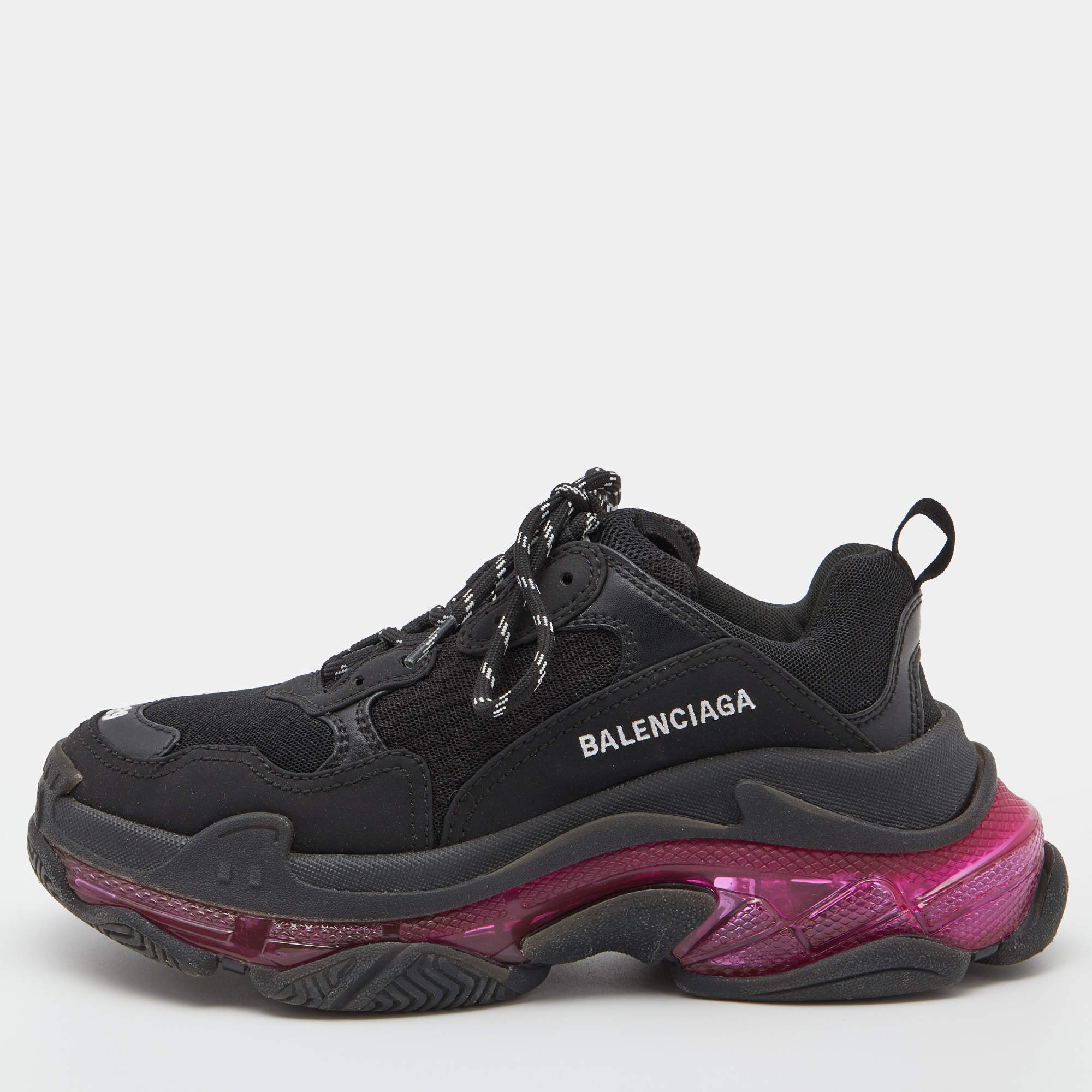 Pre Owned Balenciaga Black Leather and Mesh Triple S Clear Sneakers Size 39