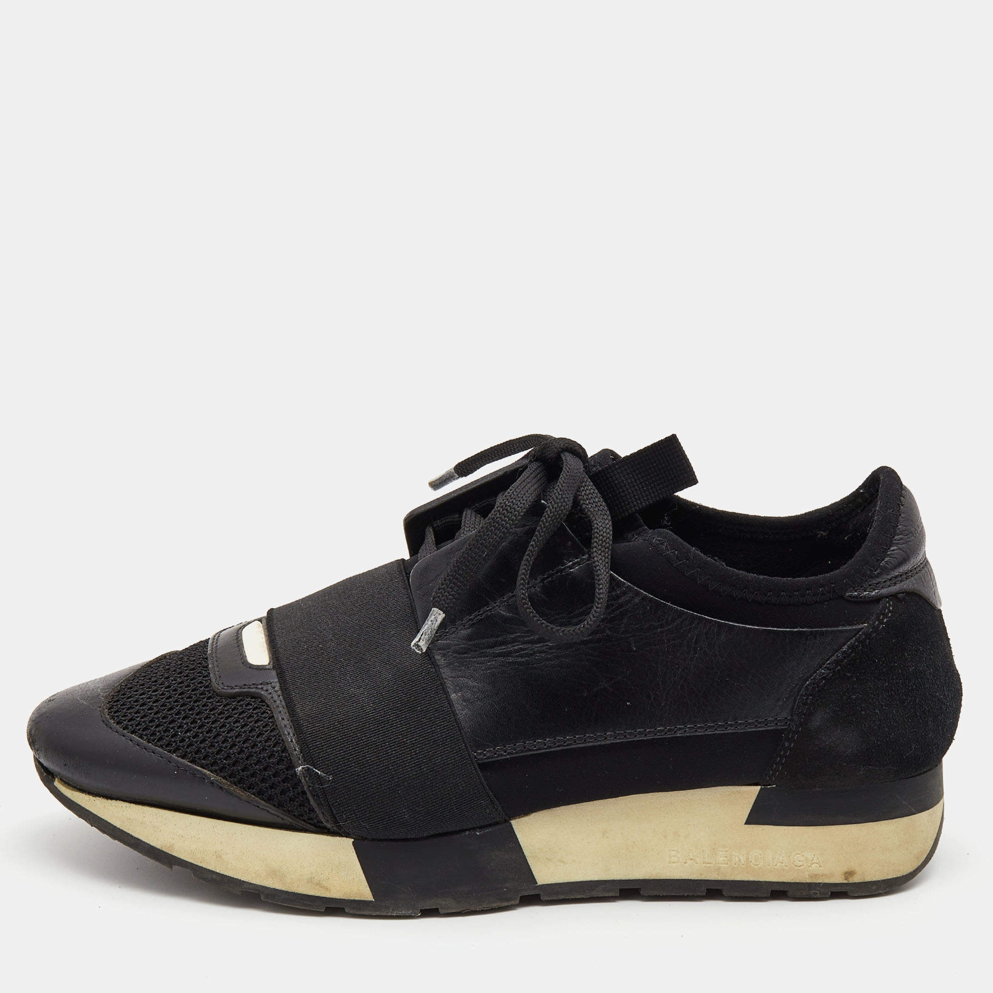 Balenciaga Black Leather and Mesh Race Runner Low Top Sneakers Size 37
