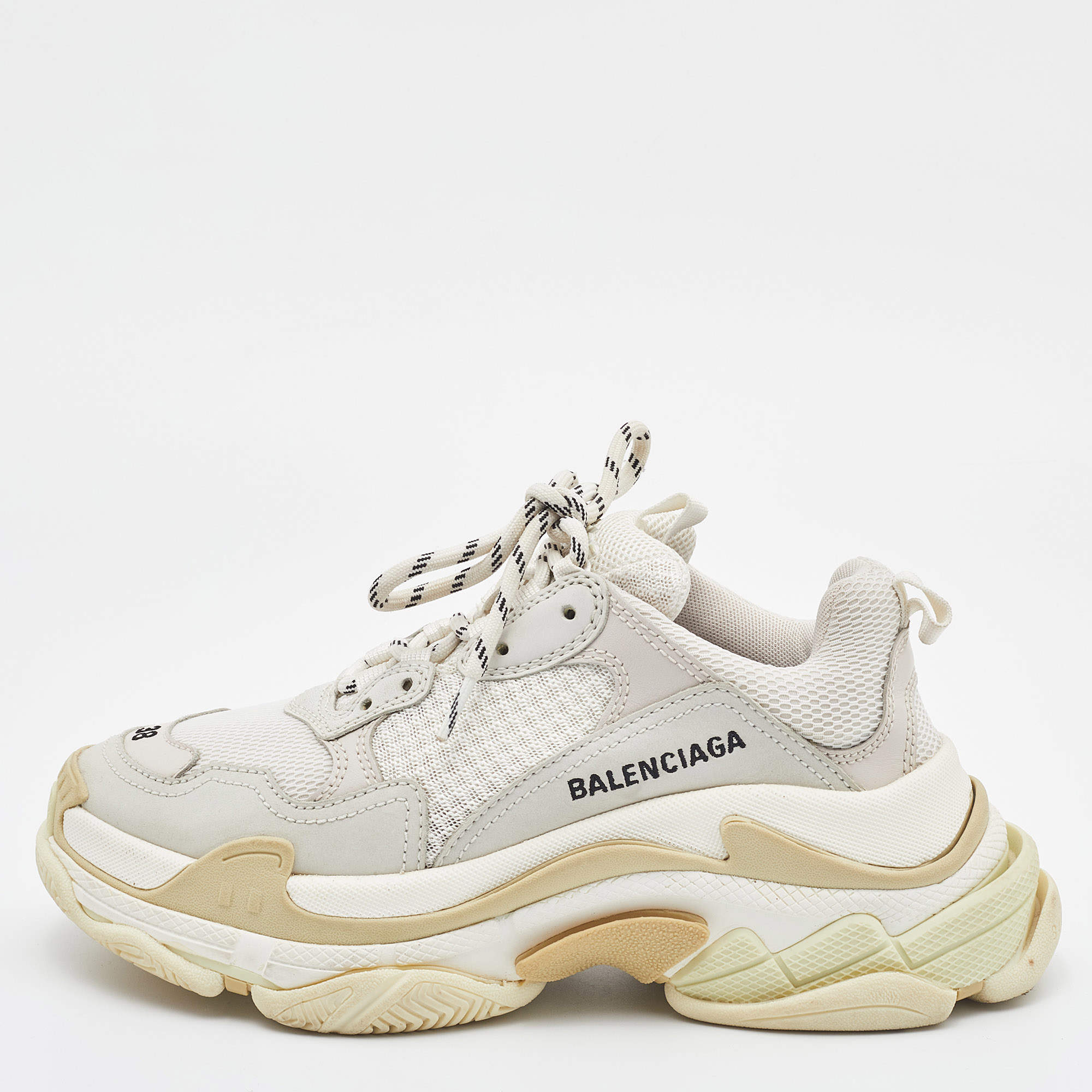 Pre Owned Balenciaga White/Grey Leather and Mesh Triple S Clear Sneakers Size 38