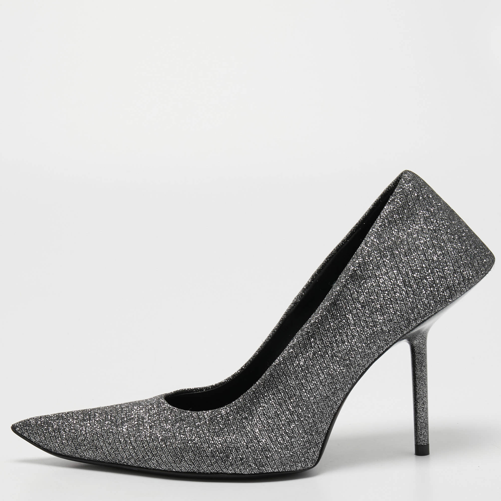 Pre Owned Balenciaga Silver/Black Lurex Fabric Square Knife Pumps Size 38