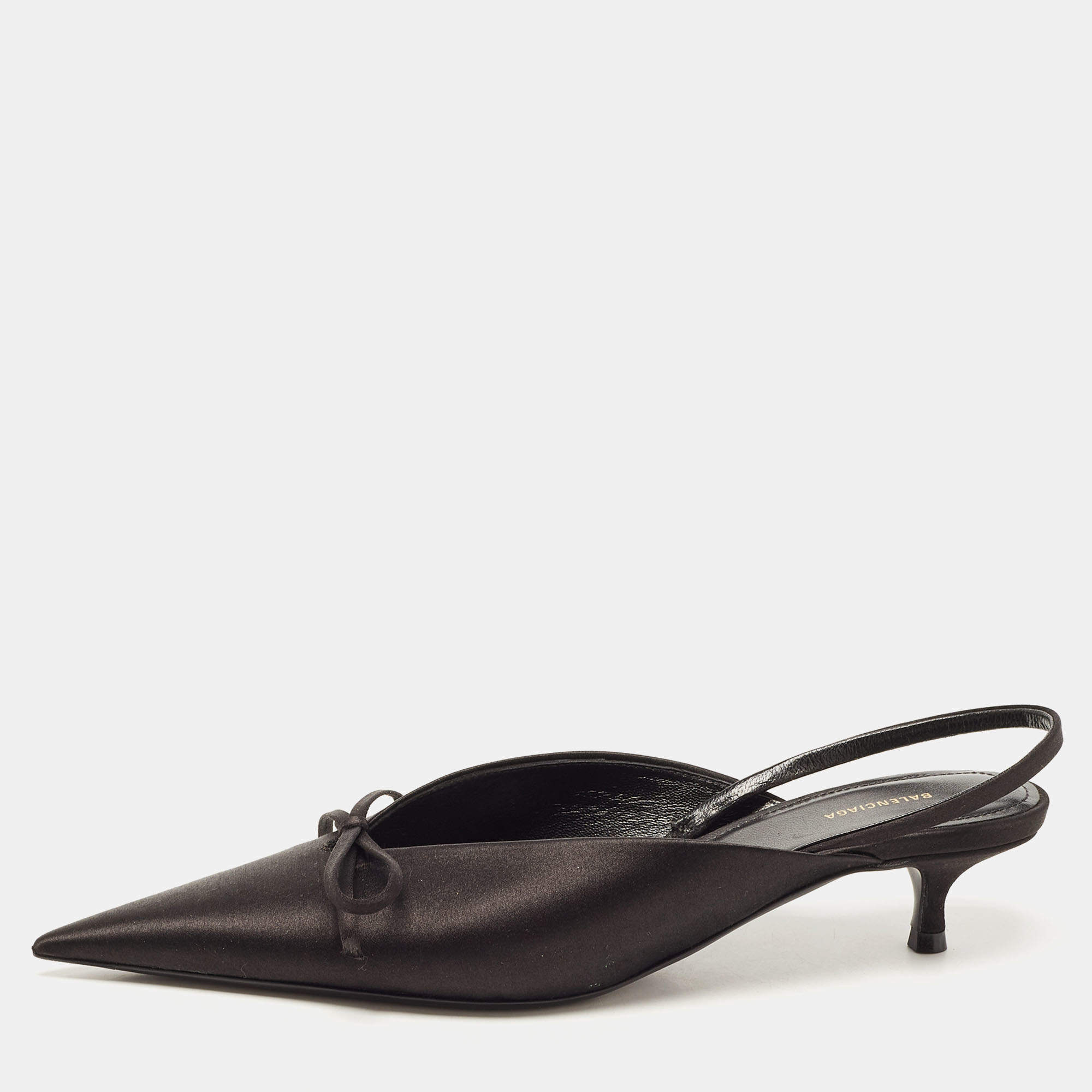 Pre Owned Balenciaga Black Satin Bow Slingback Pumps Size 36 