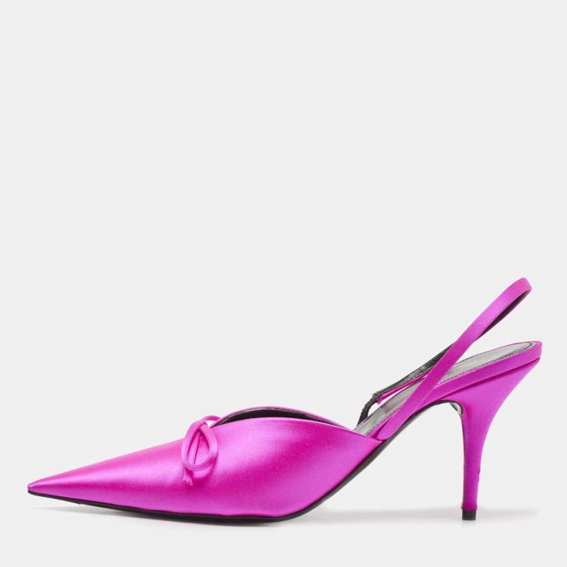 Pre Owned Balenciaga Magenta Satin Knife Bow Slingback Pumps Size 40