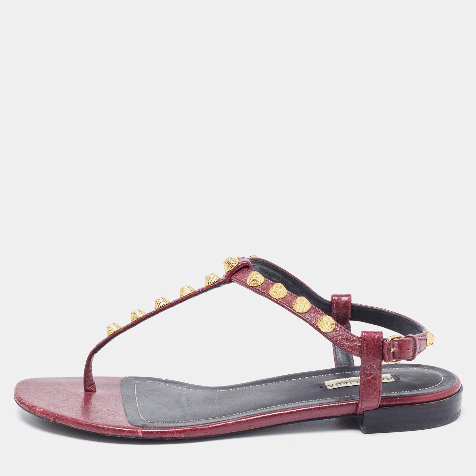 Pre Owned Balenciaga Burgundy Leather Arena Ankle Strap Flats Size 40