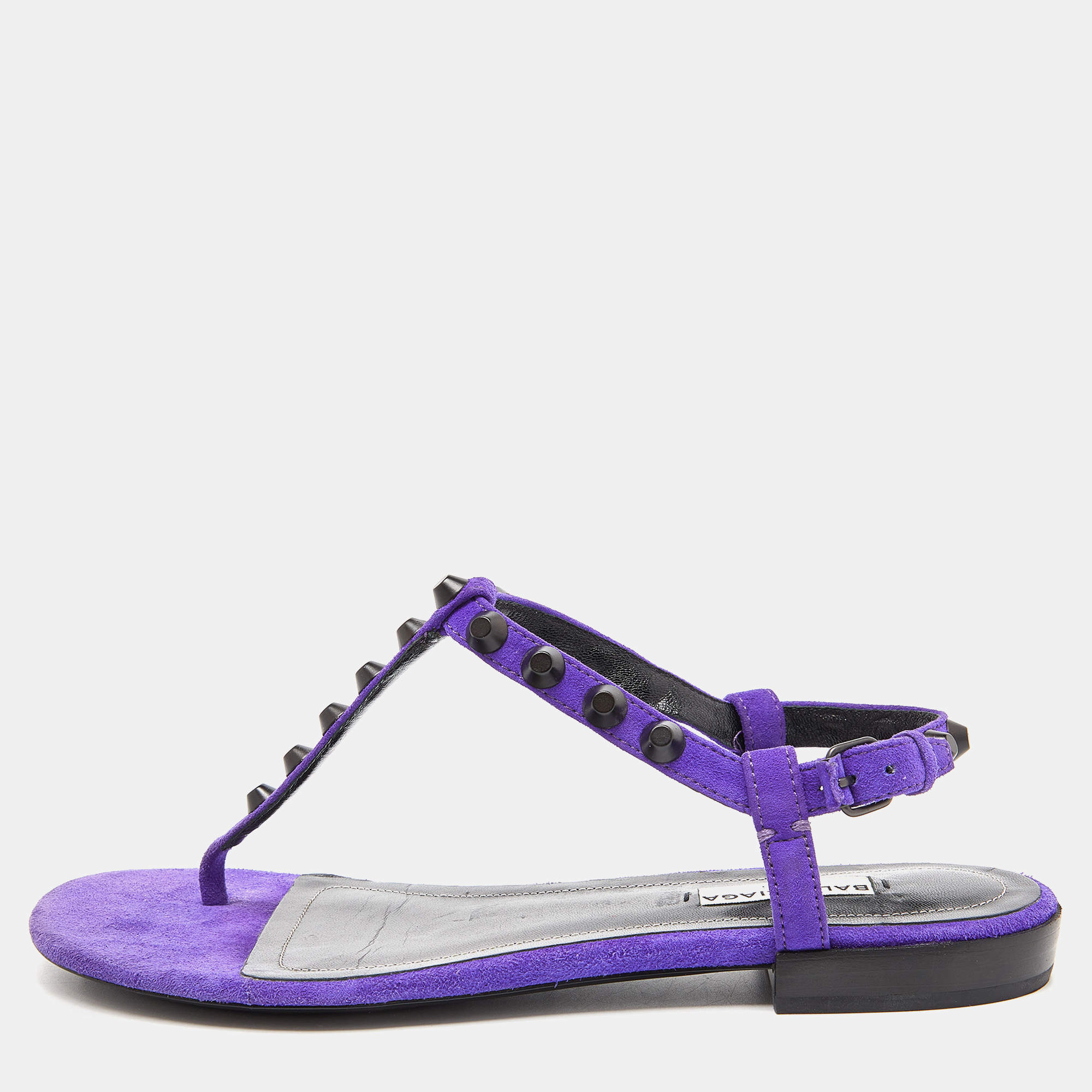 Balenciaga Purple Suede Arena Studded Thong Sandals Size 38.5 | TLC
