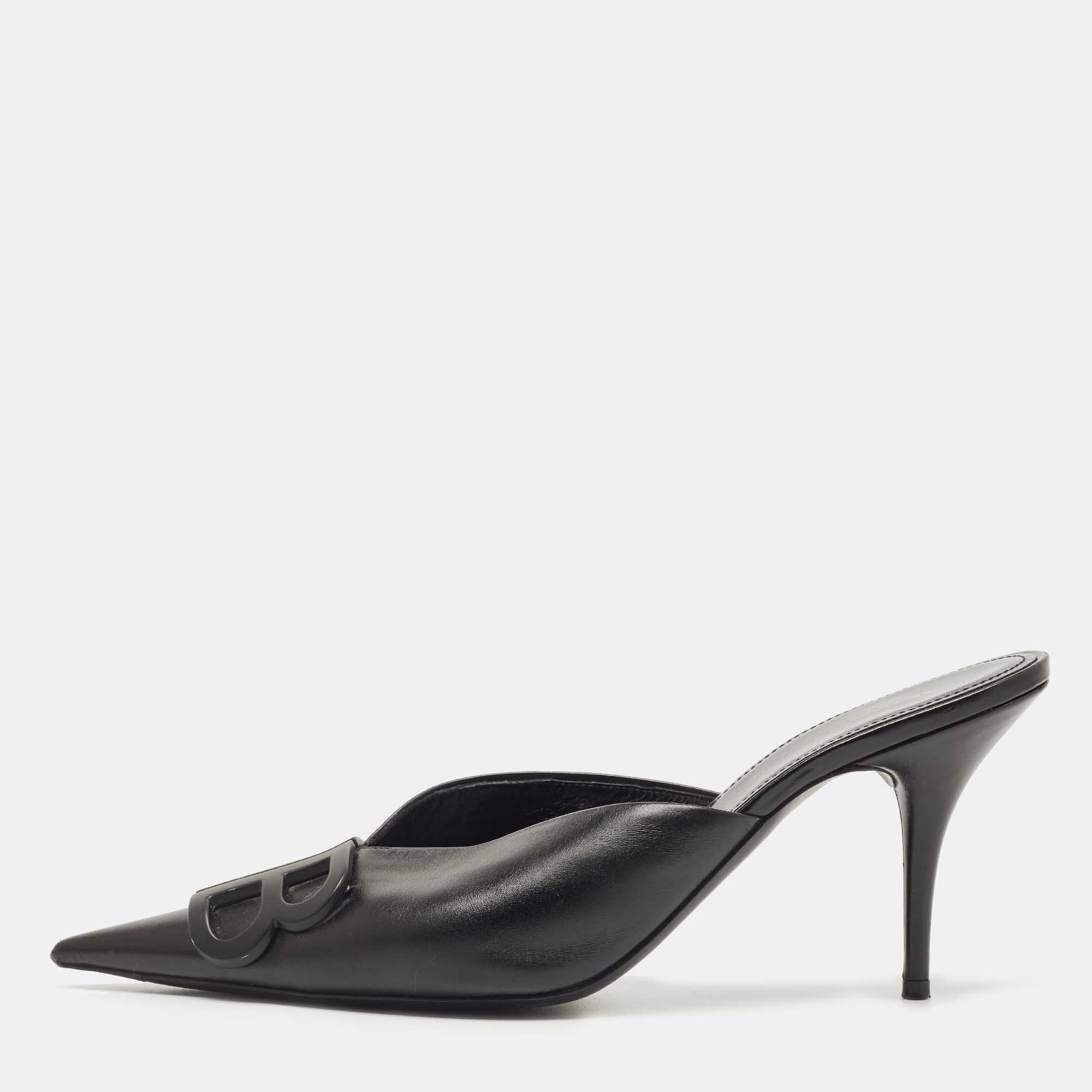 Pre Owned Balenciaga Black Leather Knife Pointed Toe Mules Size 39.5