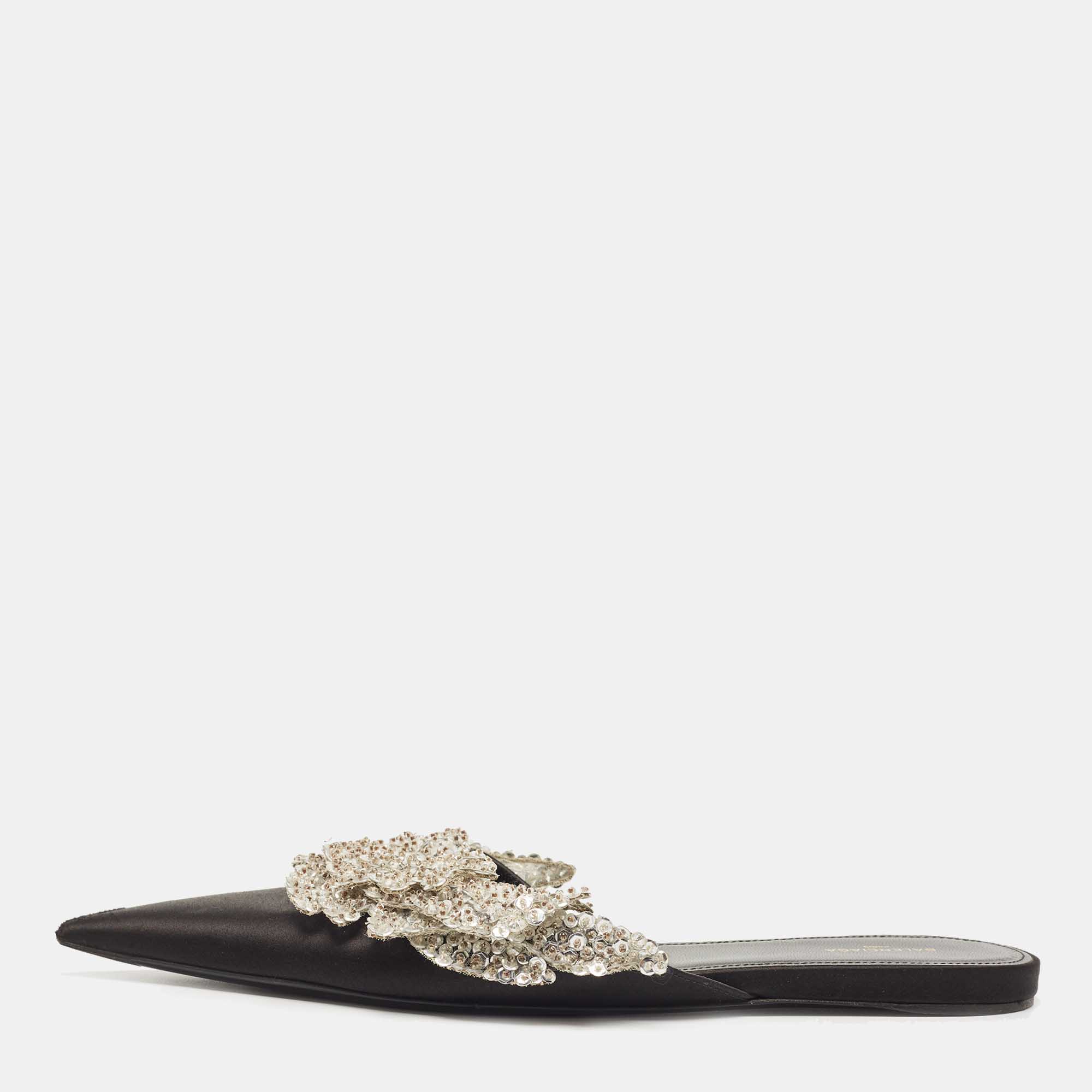 Pre Owned Balenciaga Black Satin Sequins Embellished Flats Size 39