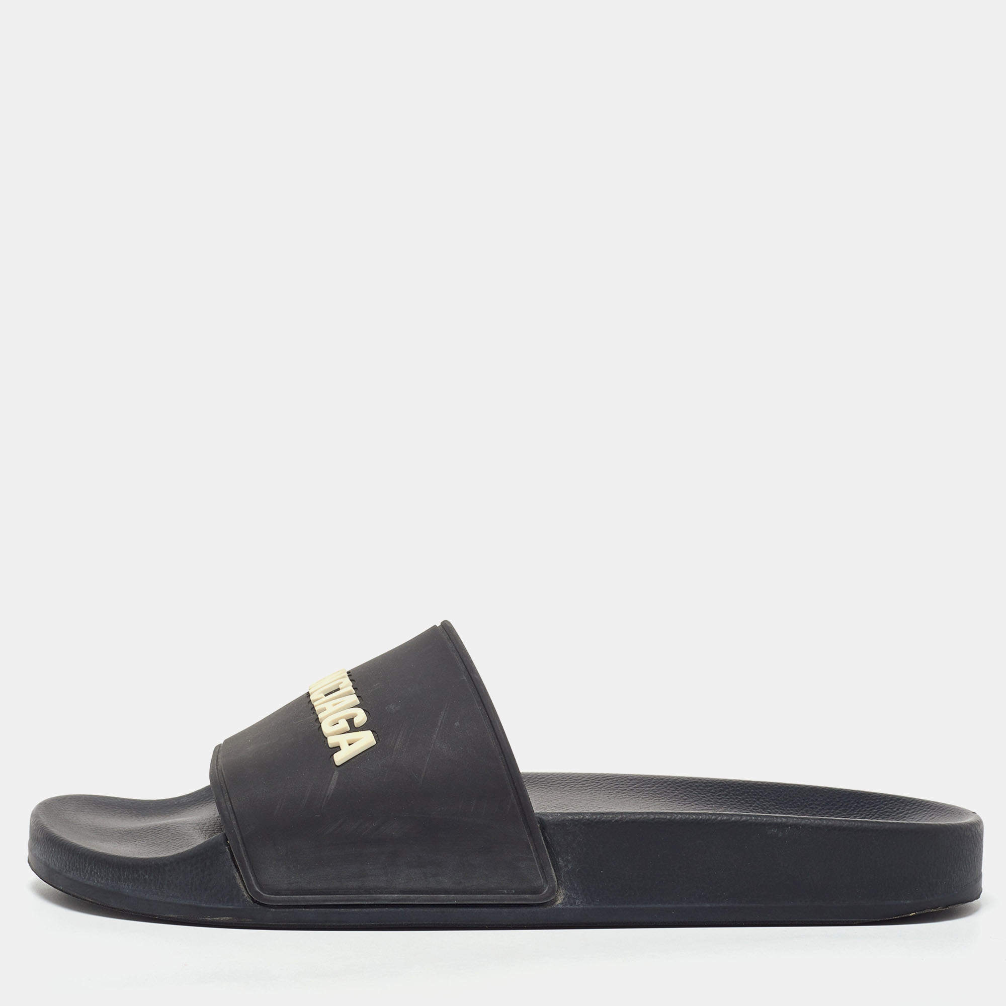 Pre Owned Balenciaga Black Rubber Logo Embossed Flat Slides Size 39