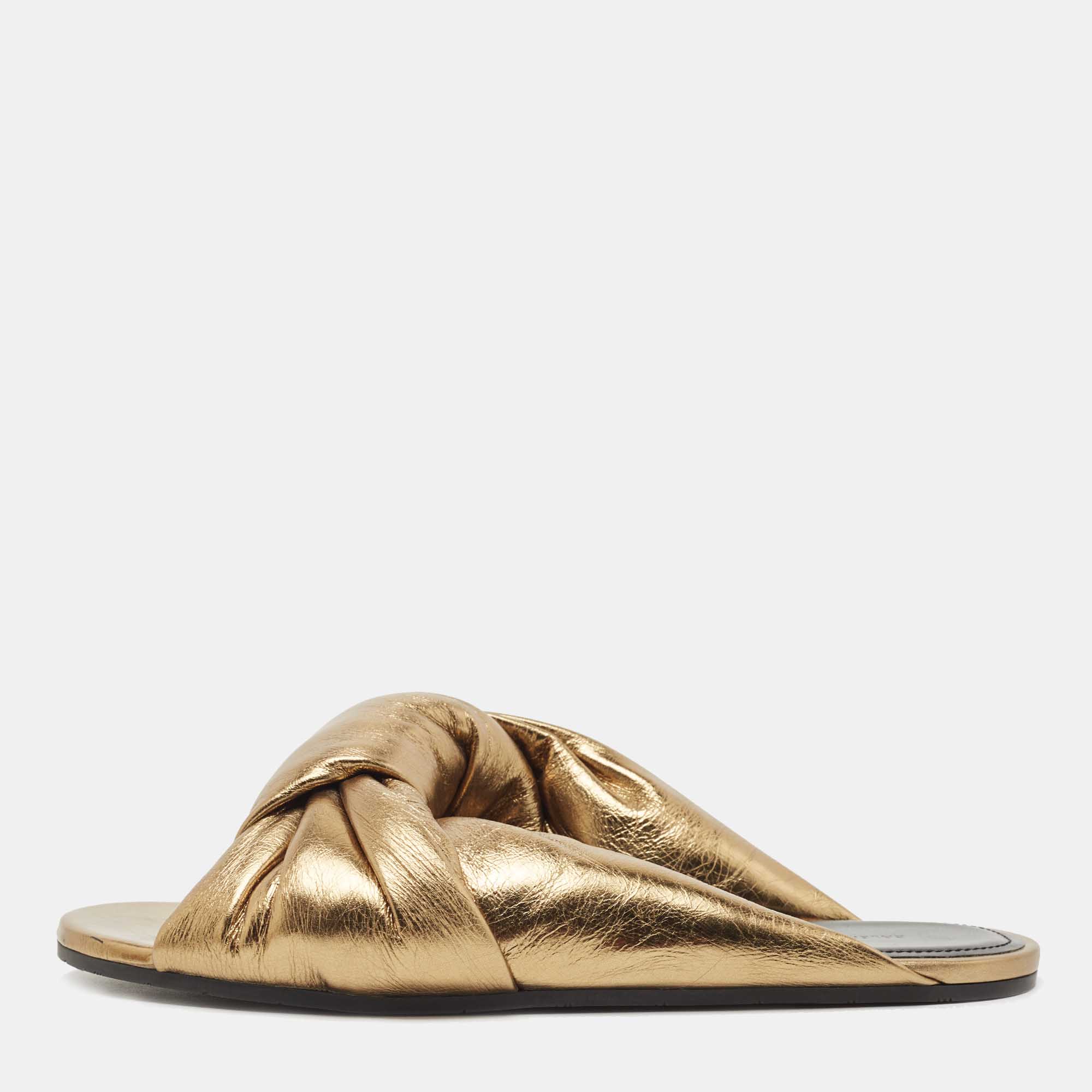 Pre Owned Balenciaga Gold Leather  Flat Slides Size 38