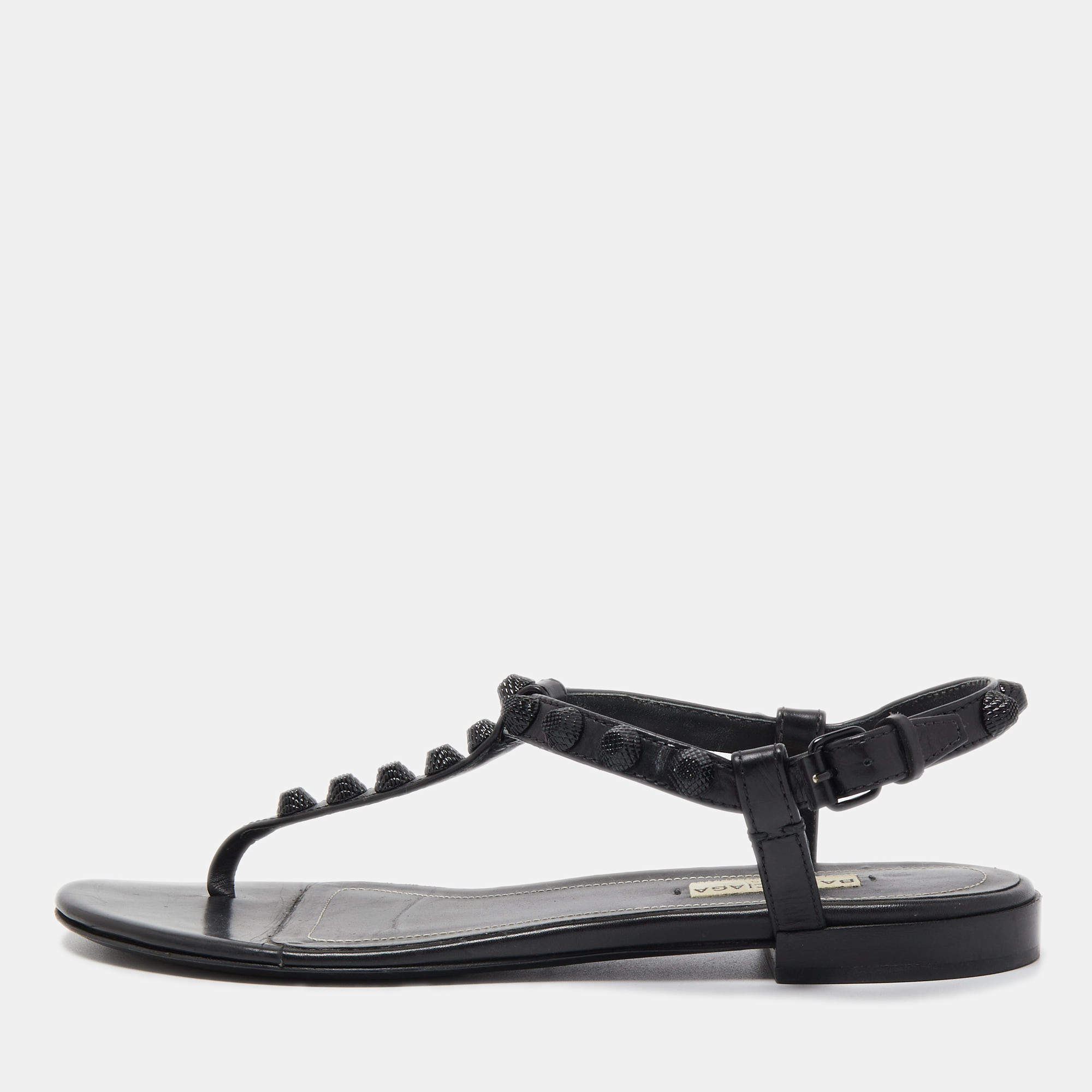 Pre Owned Balenciaga Black Leather Studded Arena Flat Sandals Size 36