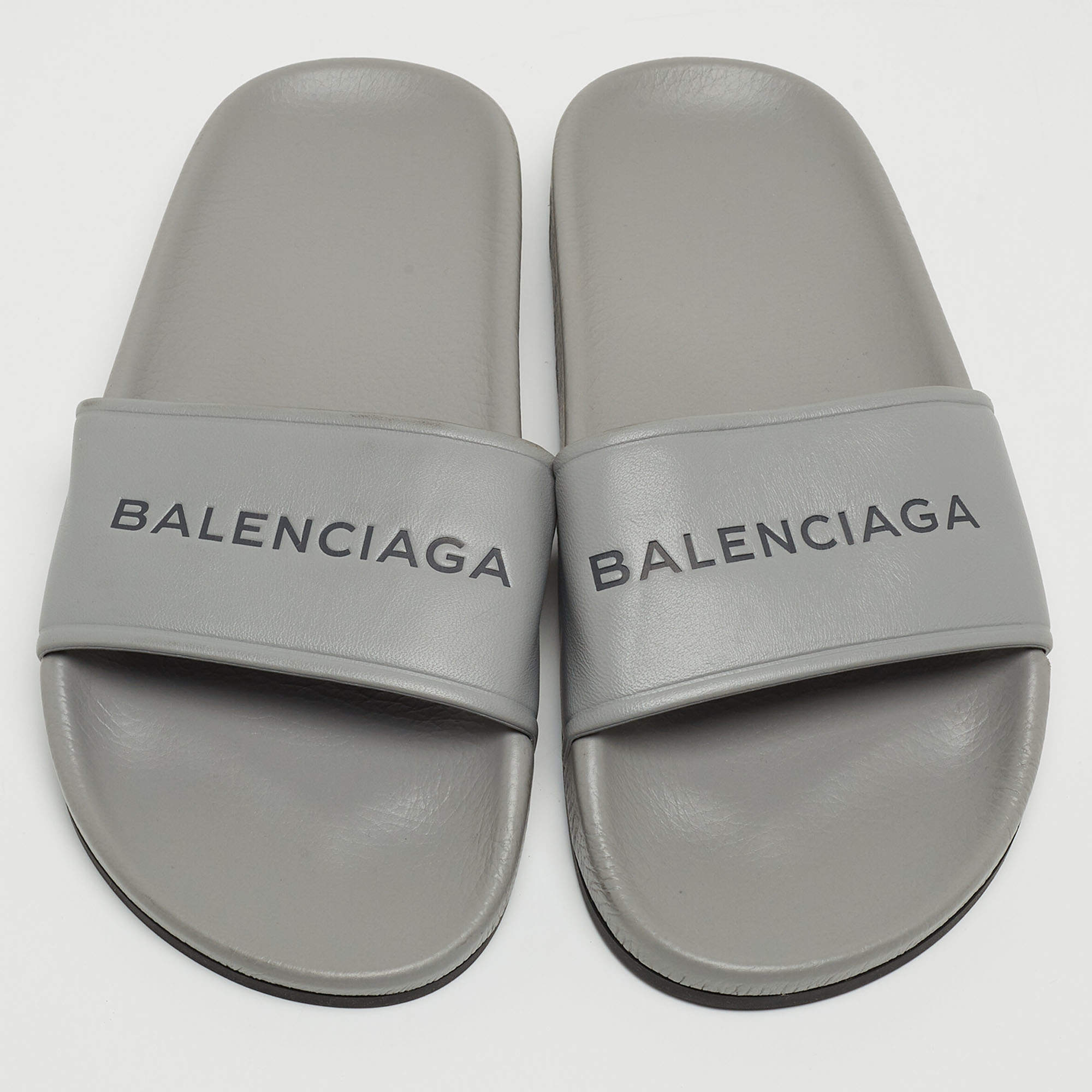 Balenciaga Grey Leather Logo Pool Slides Size 36 Balenciaga TLC