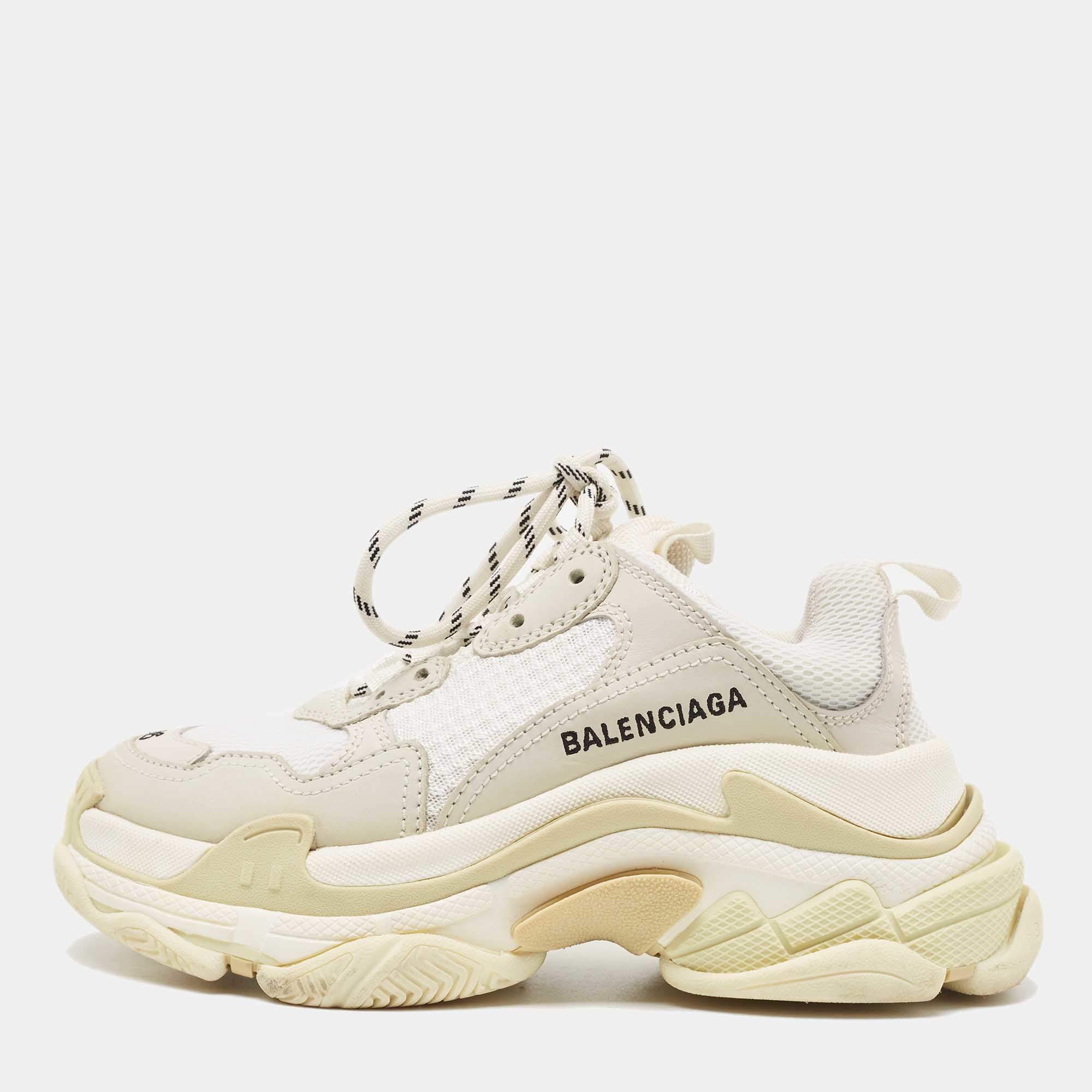 Pre Owned Balenciaga White/Grey Nubuck and Fabric Triple S Sneakers Size 36