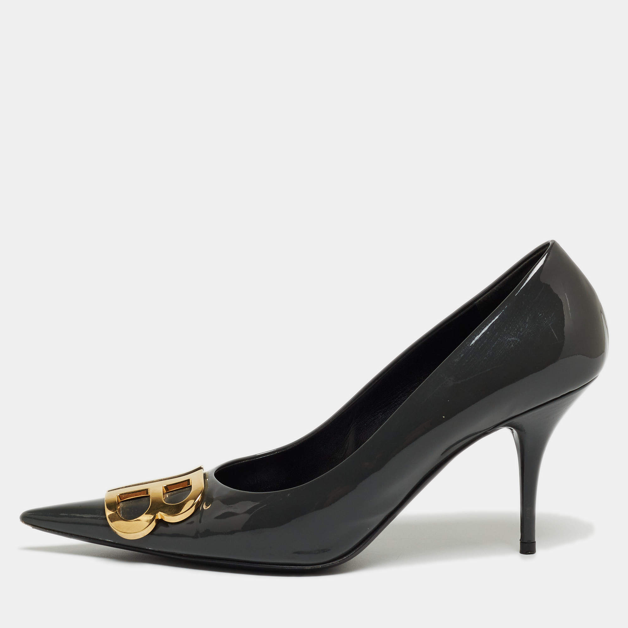 مملوكة مسبقًا حذاء كعب عالي بالنسياغا BB جلد بنفسجي مقدمة مدببة مقاس 36.5