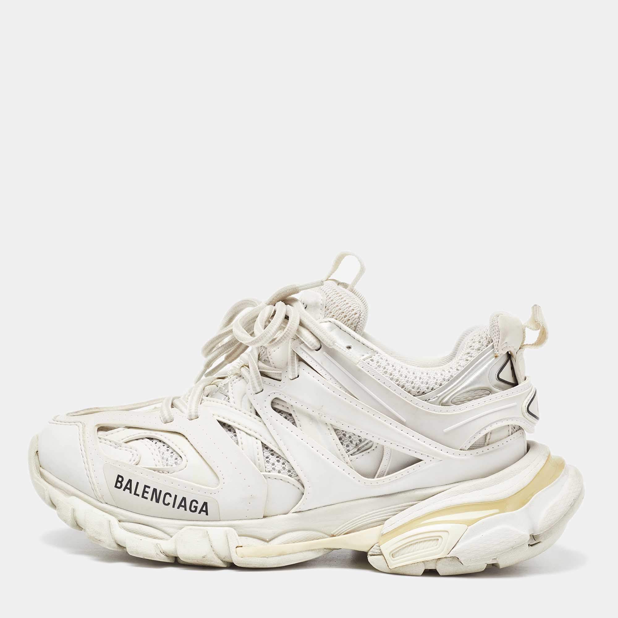 Pre Owned Balenciaga White Faux Leather and Mesh Track Sneakers Size 36