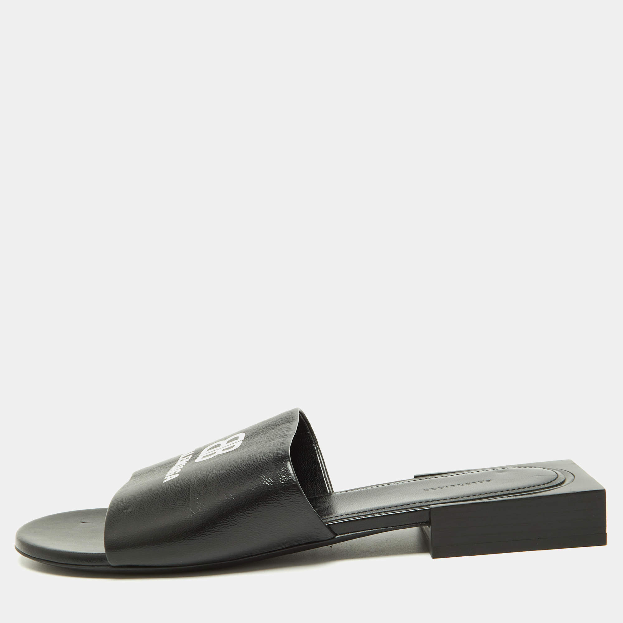 Pre Owned Balenciaga Black Leather Logo Box Flat Slides Size 38