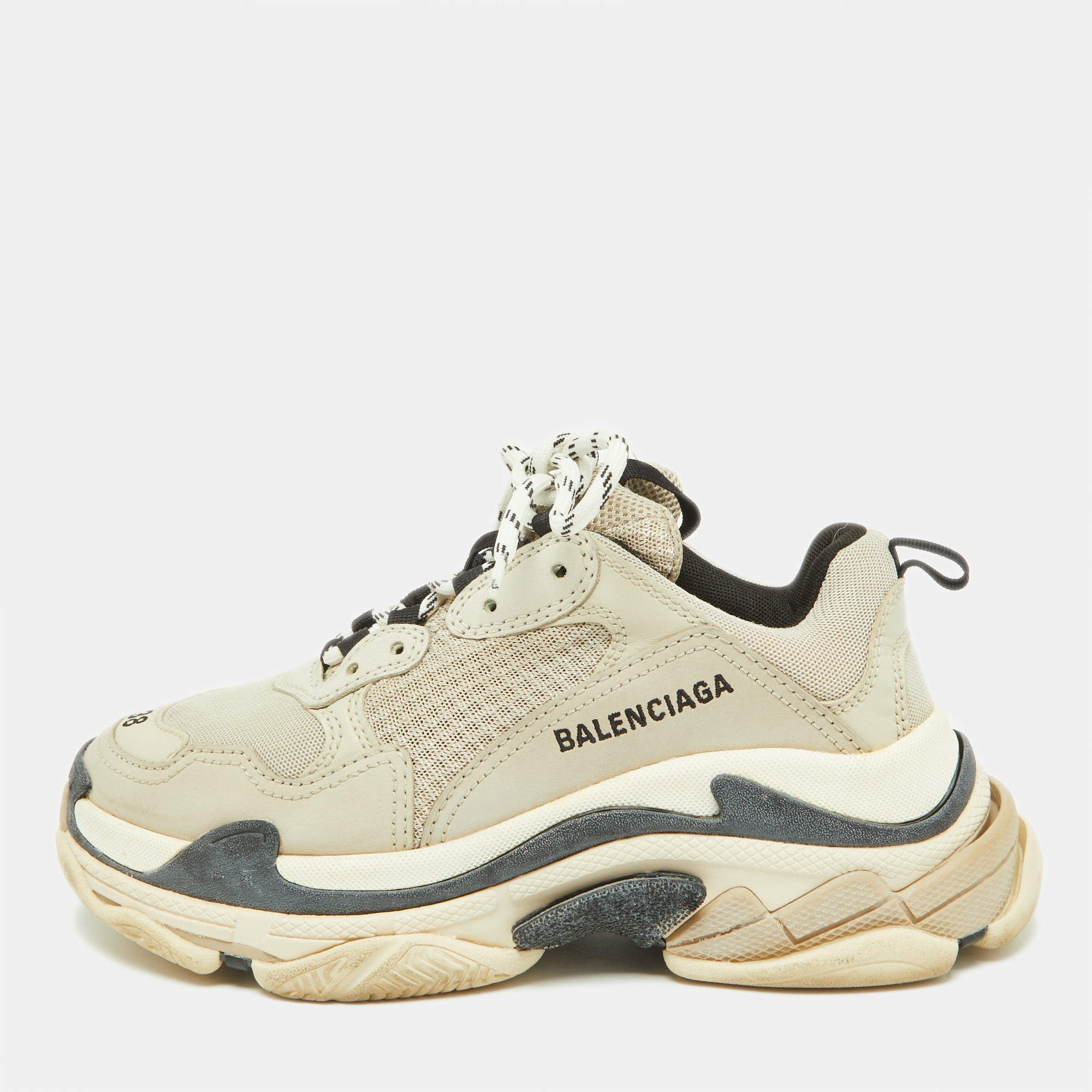 Balenciaga Grey Mesh and Leather Triple S Sneakers Size 38