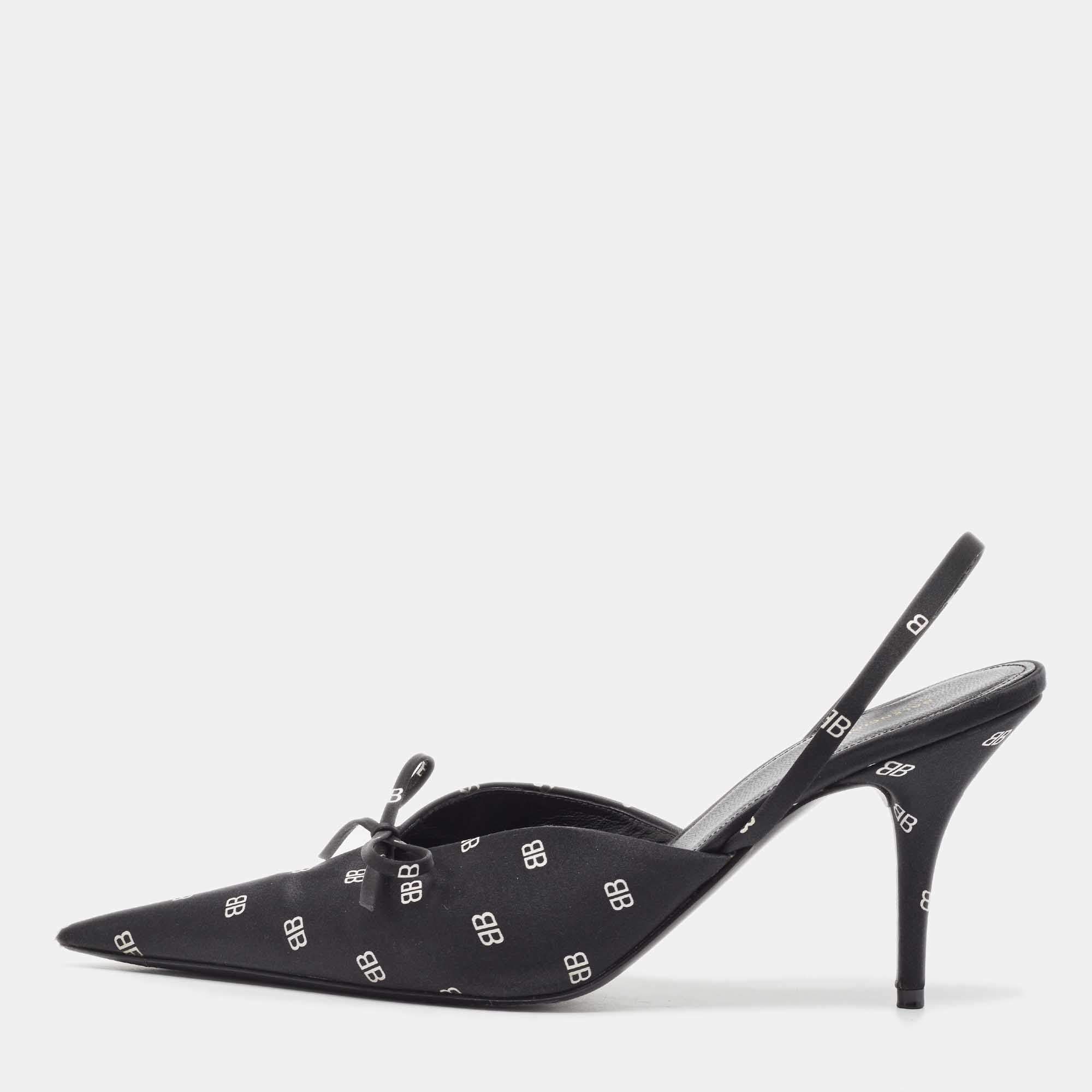 Pre Owned Balenciaga Black Logo Print Satin Knife Slingback Pumps Size 39.5