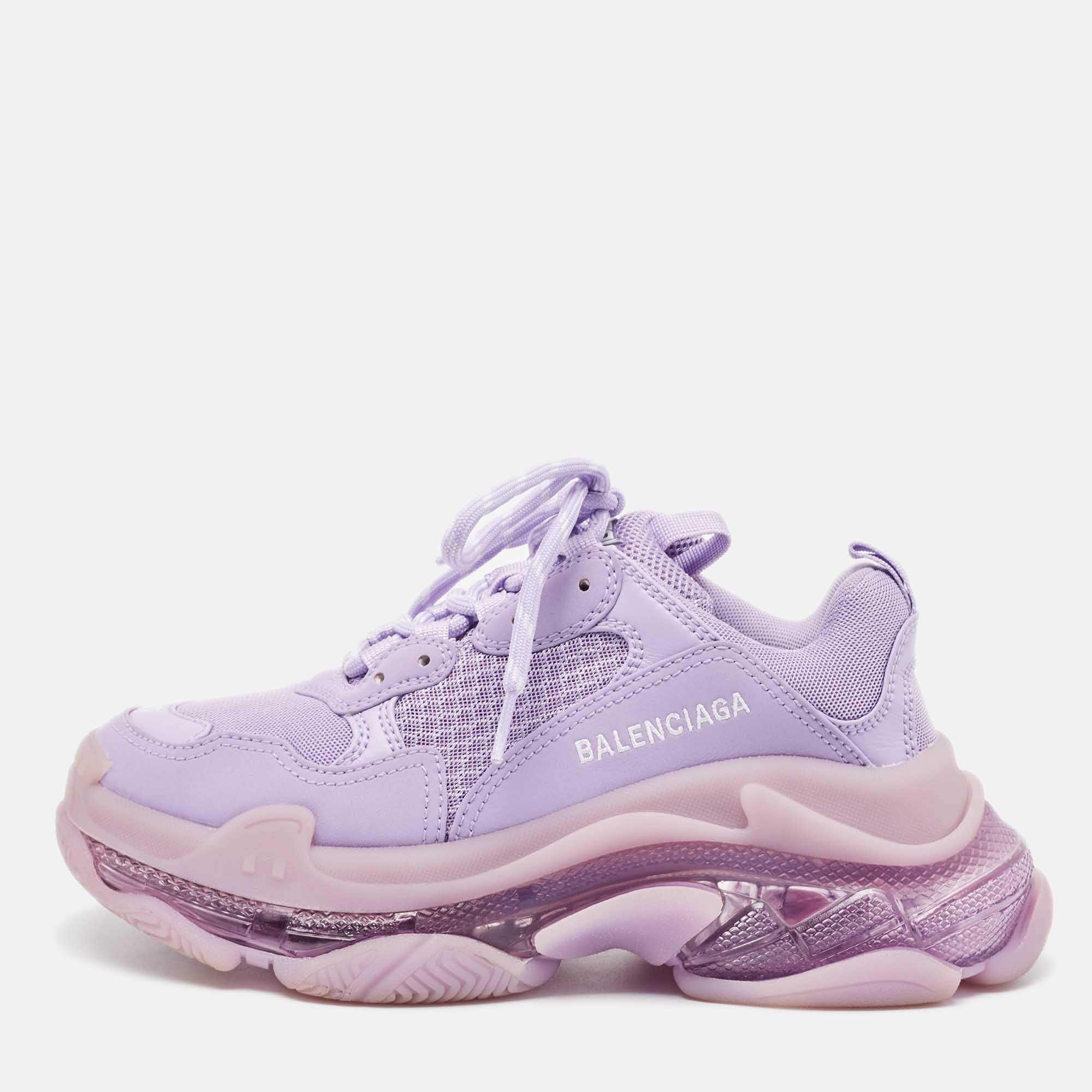 Pre Owned Balenciaga Purple Mesh and Leather Triple S Clear Sole Sneakers Size 37