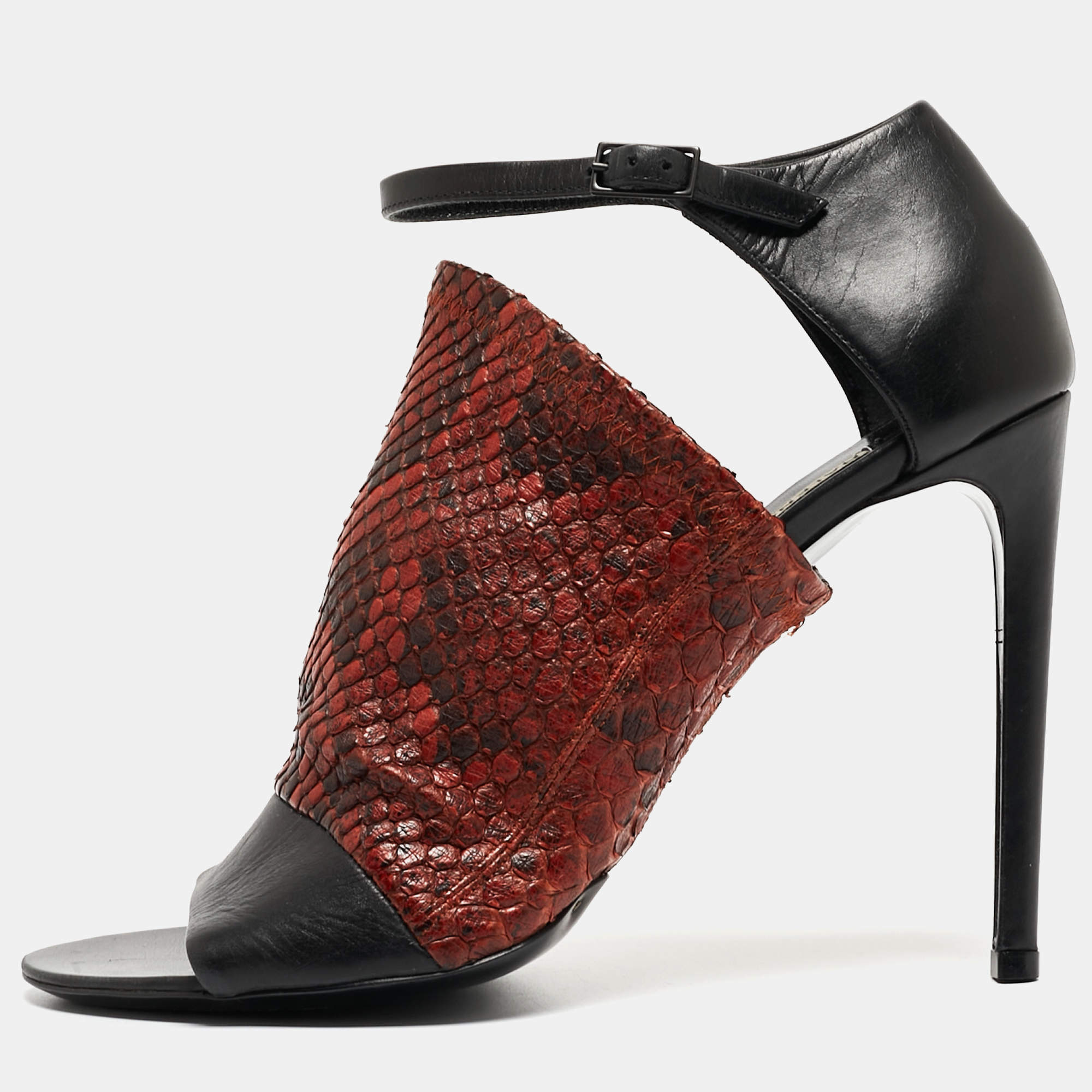 Balenciaga Brown/Black Python Embossed and Leather Ankle Strap Sandals Size 38.5