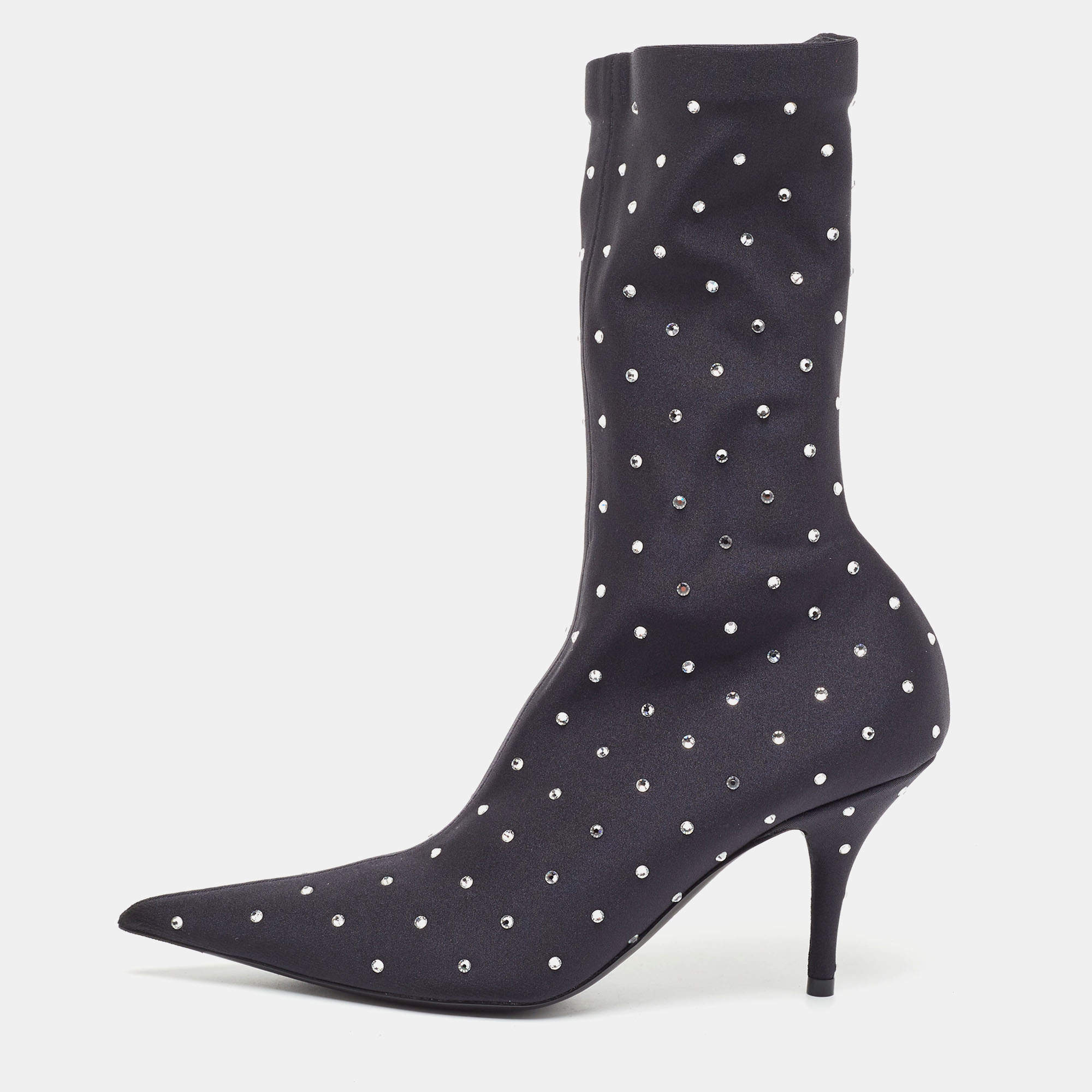 Pre Owned Balenciaga Black Fabric Crystal Embellished Pointed Toe Mid Calf Booties Size 37
