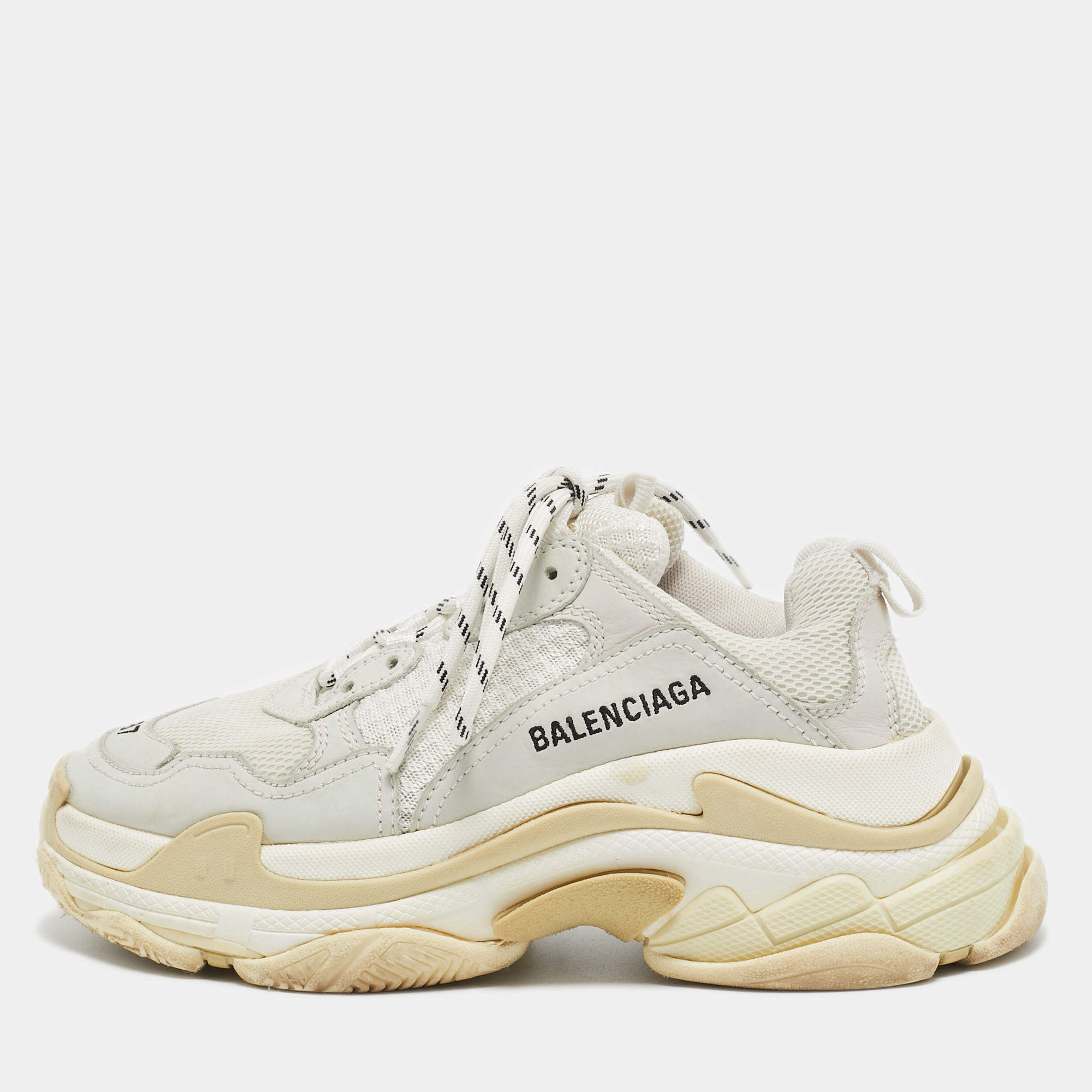 Balenciaga White/Grey Mesh and Leather Triple S Sneakers