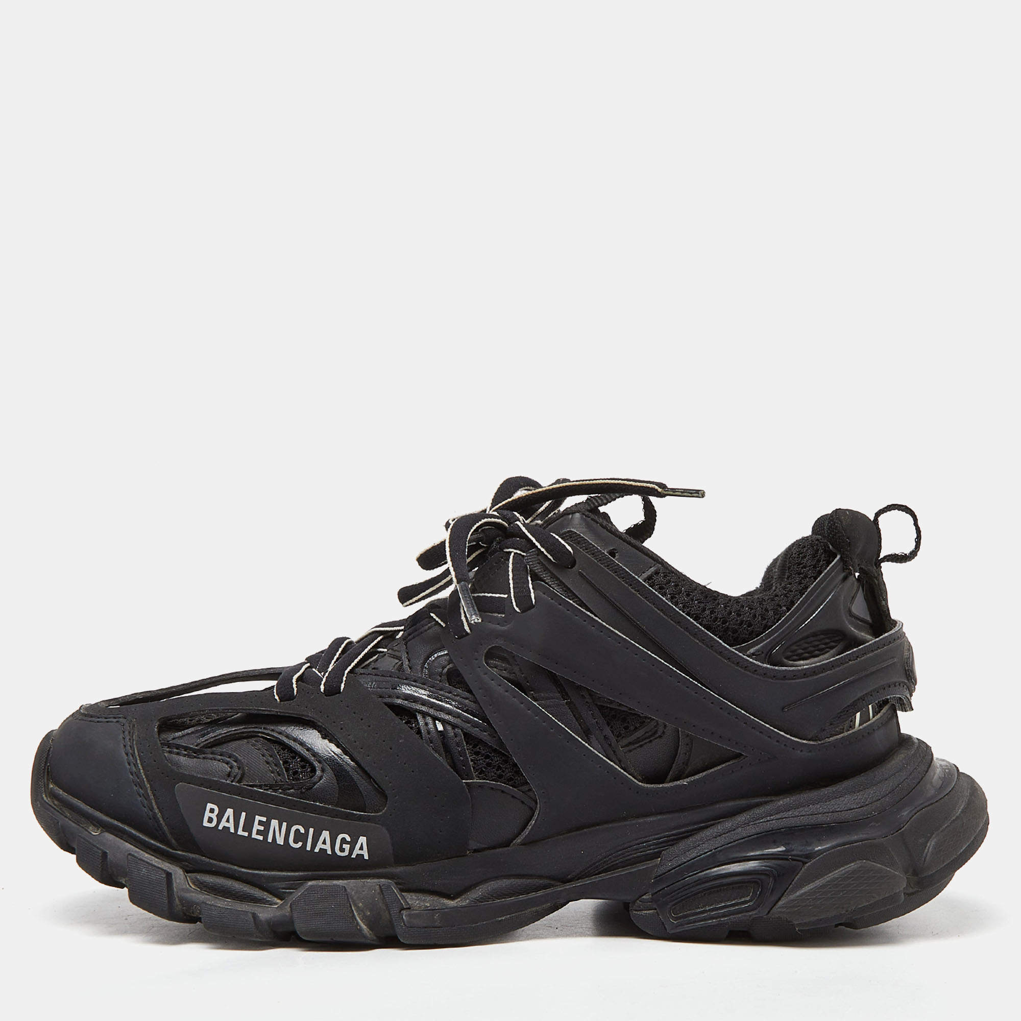Pre Owned Balenciaga Black Mesh and Faux Leather Track Sneakers Size 38 