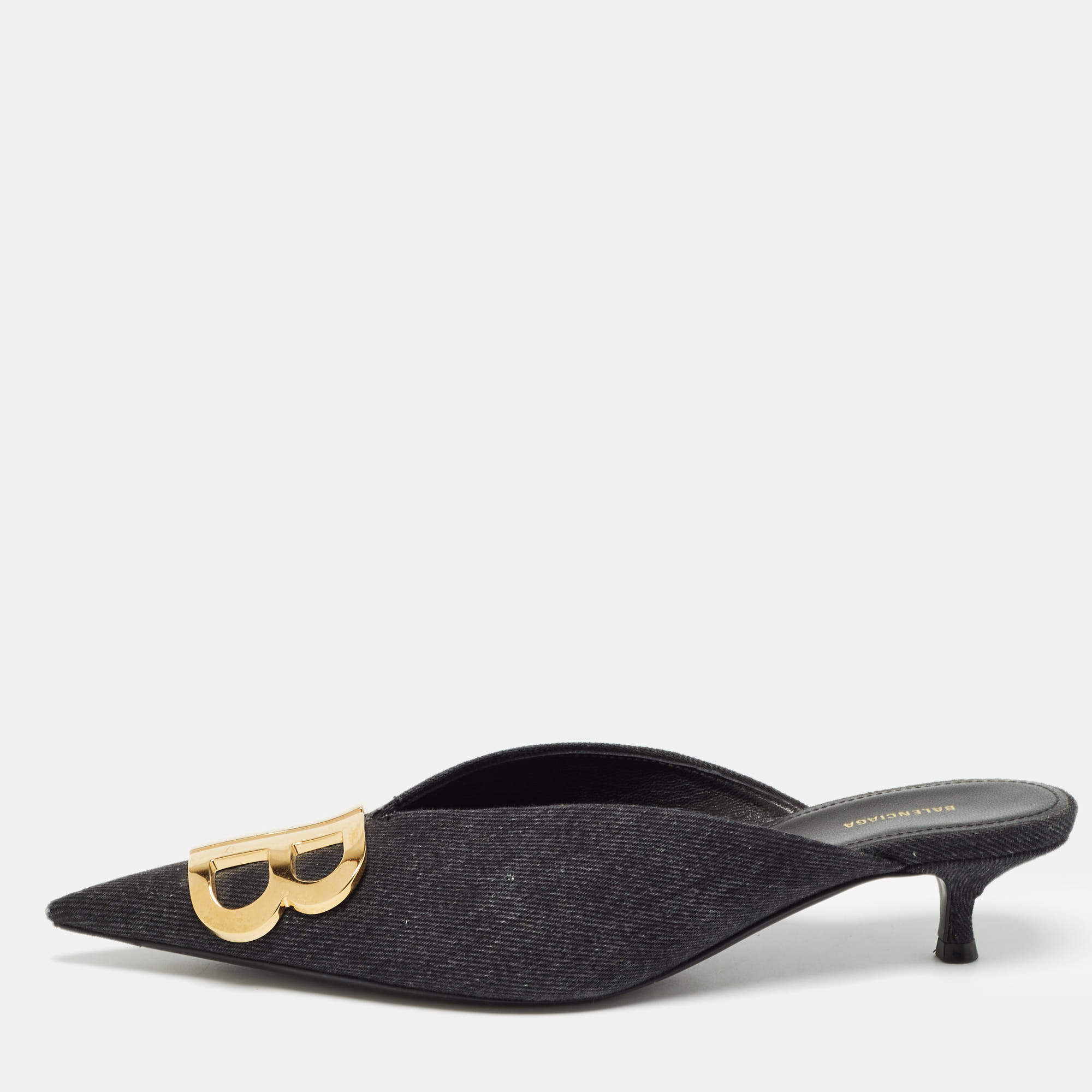 Pre Owned Balenciaga Black Denim BB Mules Size 36