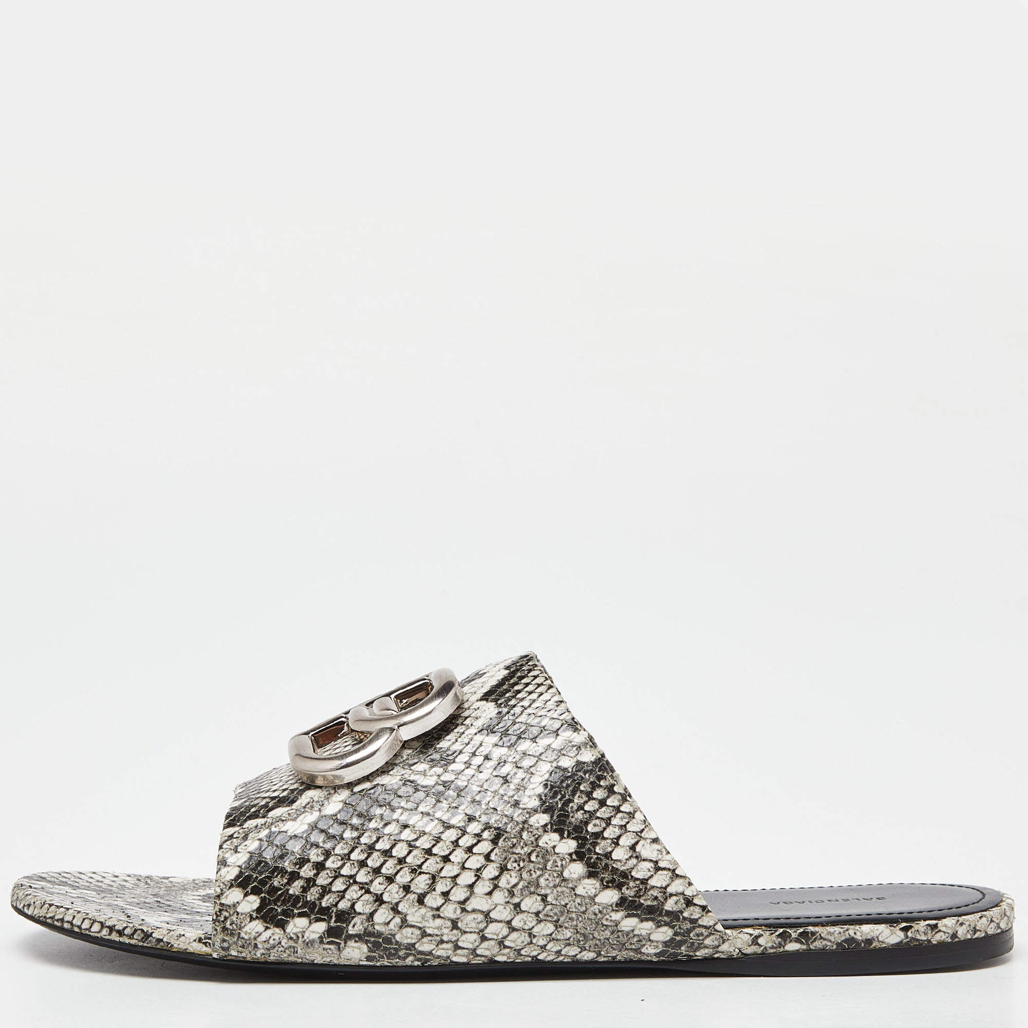 Pre Owned Balenciaga Grey/White Python Embossed Leather BB Flat Slides Size 7