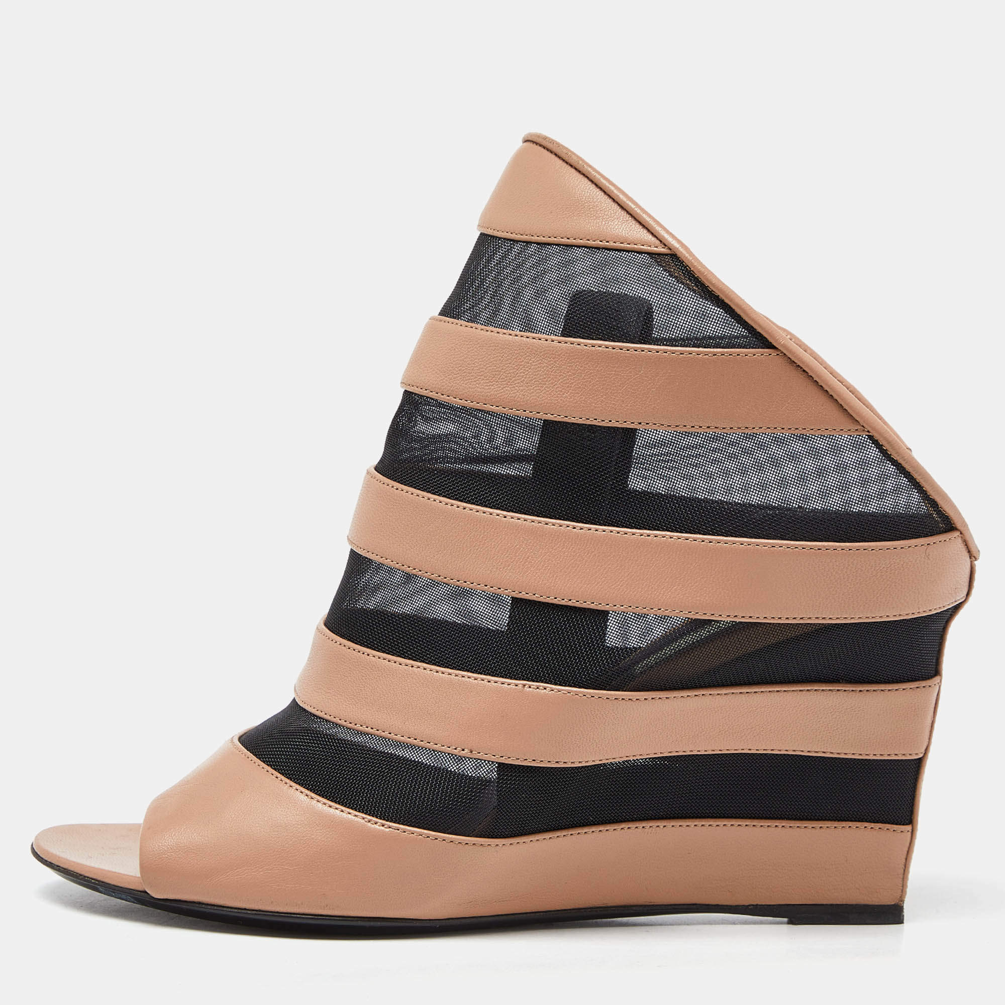 Pre Owned Balenciaga Brown/Black Leather and Mesh Glove Wedge Open Toe Sandals Size 39