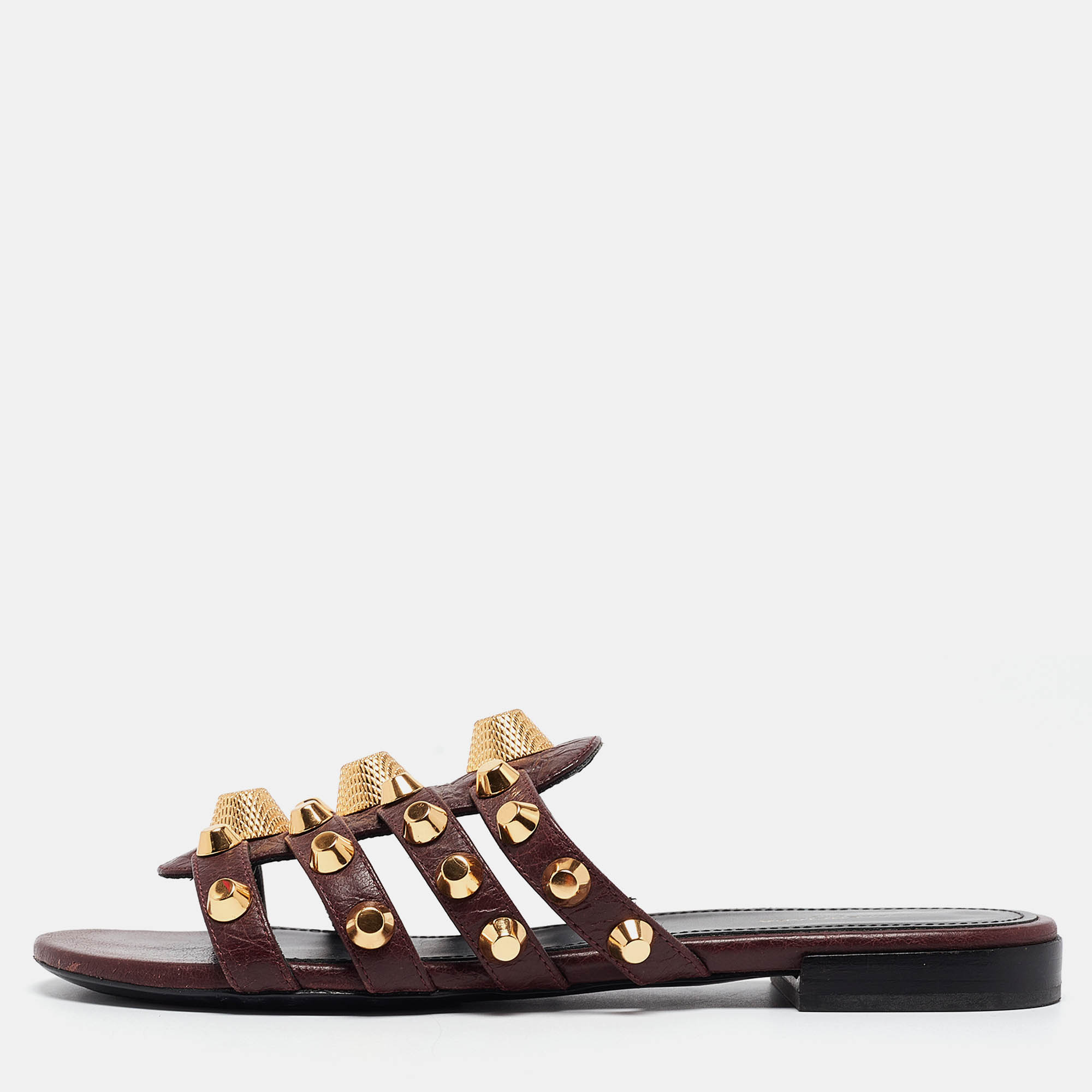 Balenciaga Burgundy Leather Studded Arena Flat Slides Size 36