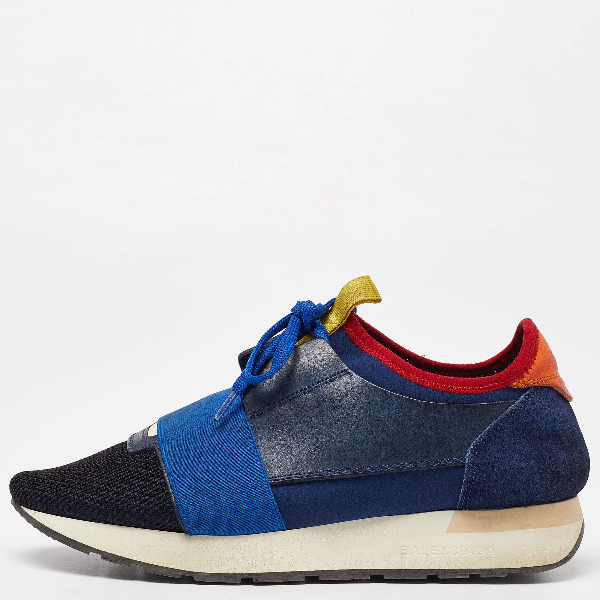 Balenciaga Navy Blue Leather,Suede,Neoprene and Mesh Race Runner Sneakers Size 38