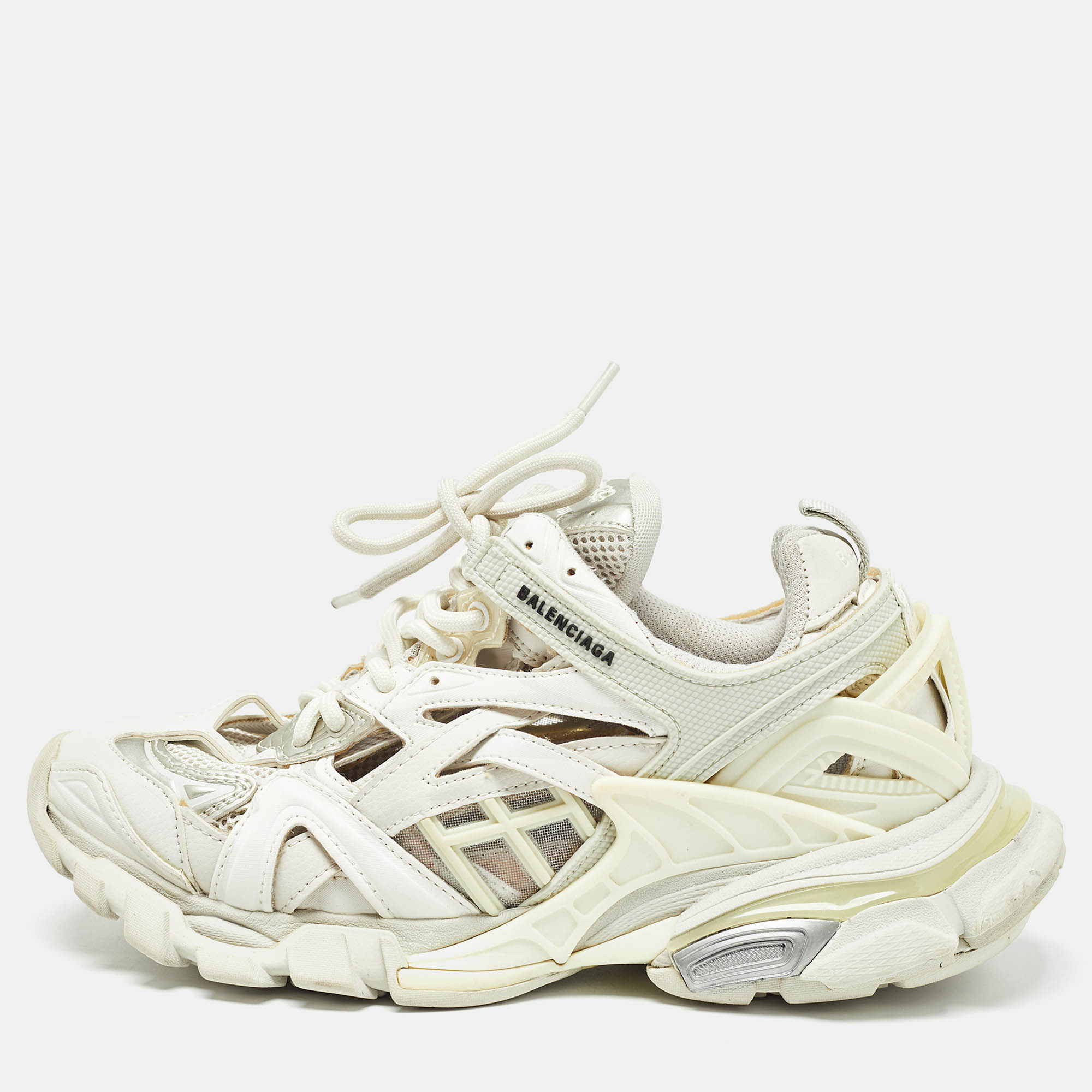 Balenciaga White/Grey Faux Leather and Mesh Track 2 Sneakers