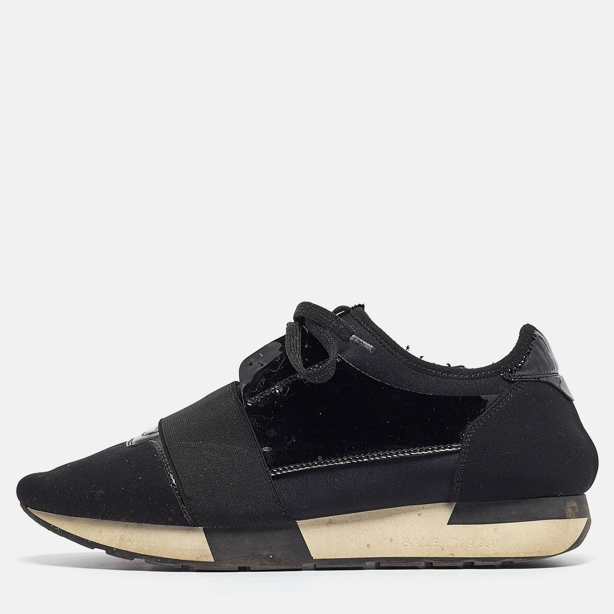 مملوكة مسبقًا Balenciaga Black Nylon and Patent Race Runner Sneakers Size 39