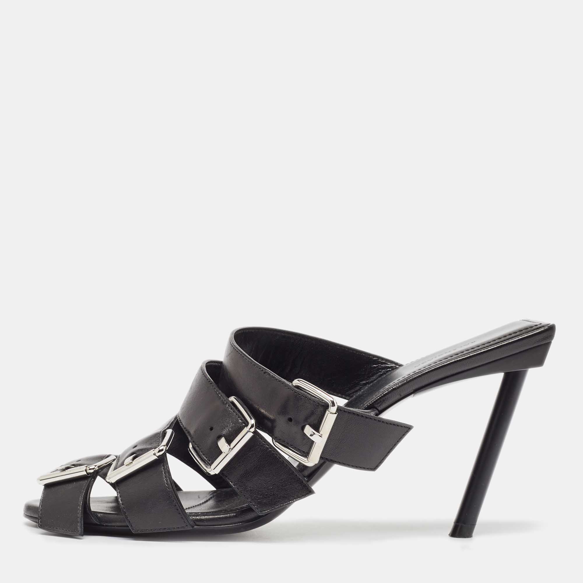 Pre Owned Balenciaga Black Leather Buckle Strappy Slide Sandals Size 39