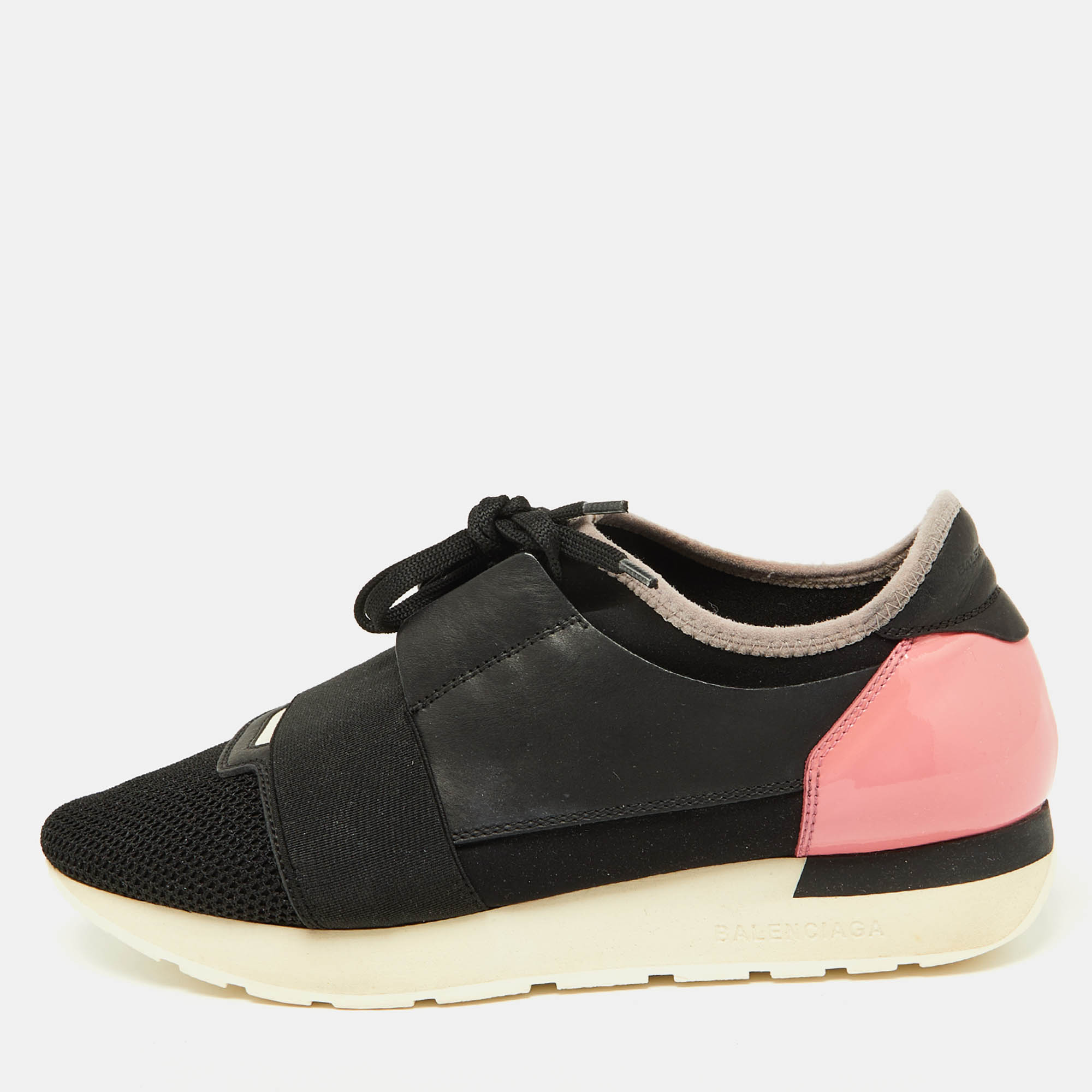 Balenciaga Black/Pink Patent and Mesh Race Runner Sneakers Size 39